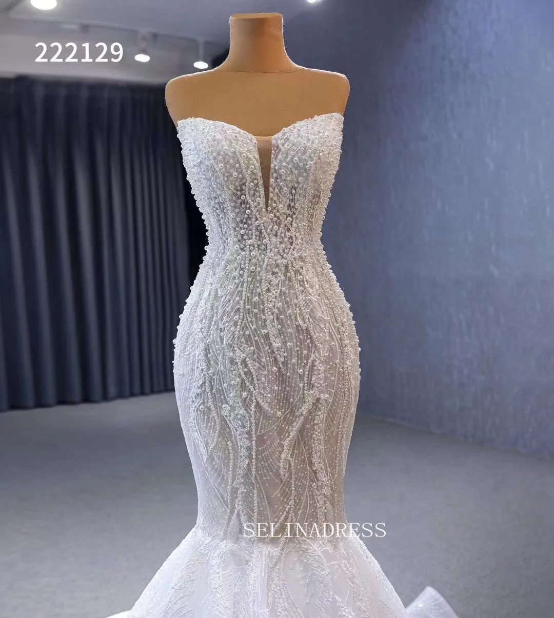 Luxury Strapless Mermaid Beaded White Wedding Dress Bridal Gowns 222129