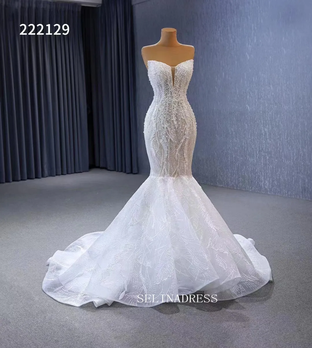 Luxury Strapless Mermaid Beaded White Wedding Dress Bridal Gowns 222129