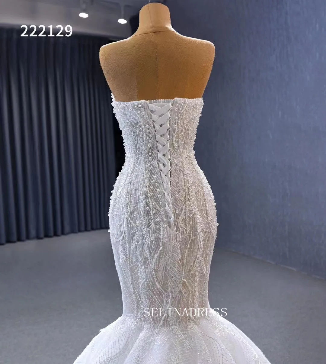 Luxury Strapless Mermaid Beaded White Wedding Dress Bridal Gowns 222129