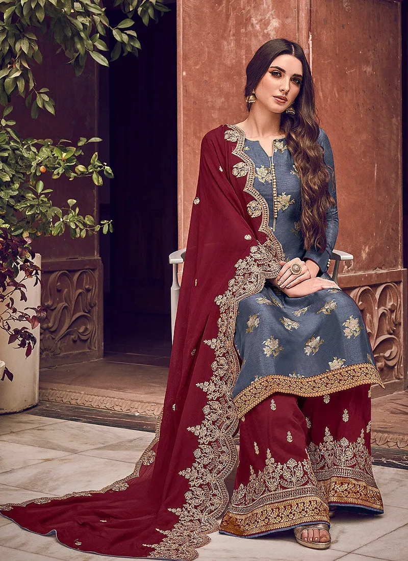 Maroon And Blue Designer Palazzo Suit