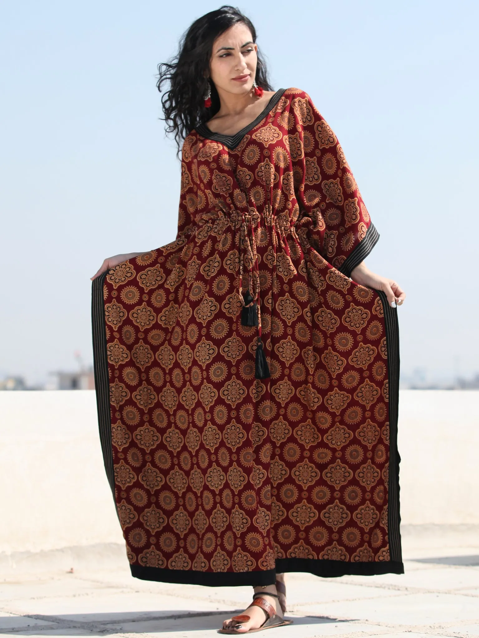 Maroon Black Ajrakh Hand Block Printed Kaftan - K140F1550