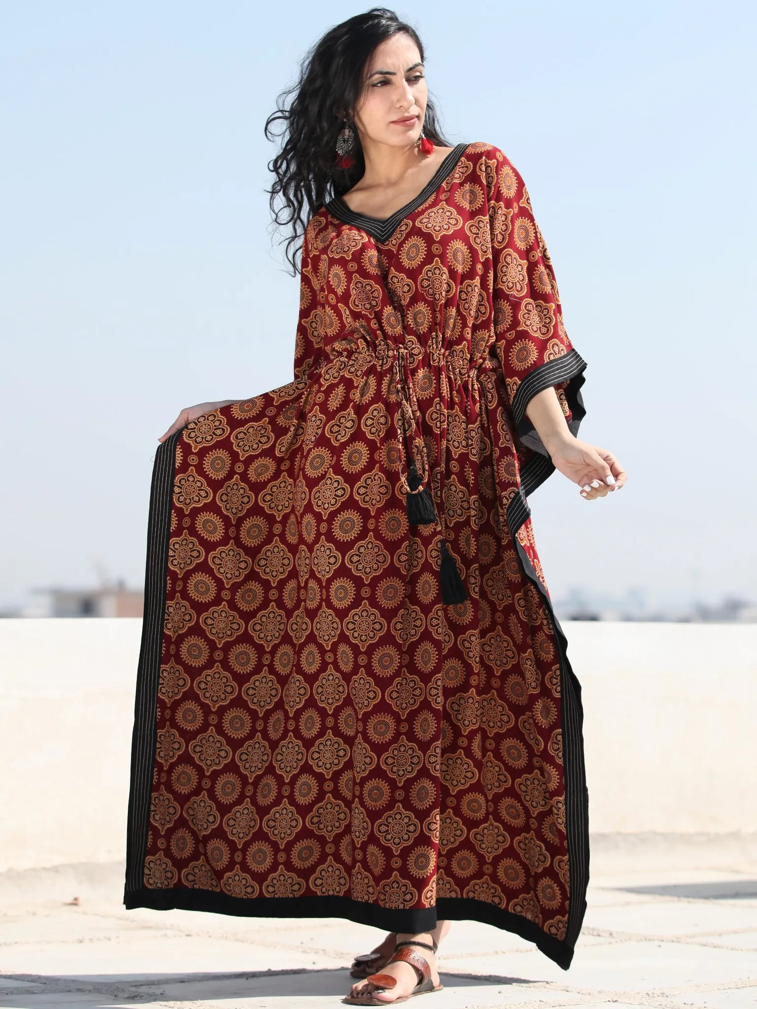 Maroon Black Ajrakh Hand Block Printed Kaftan - K140F1550