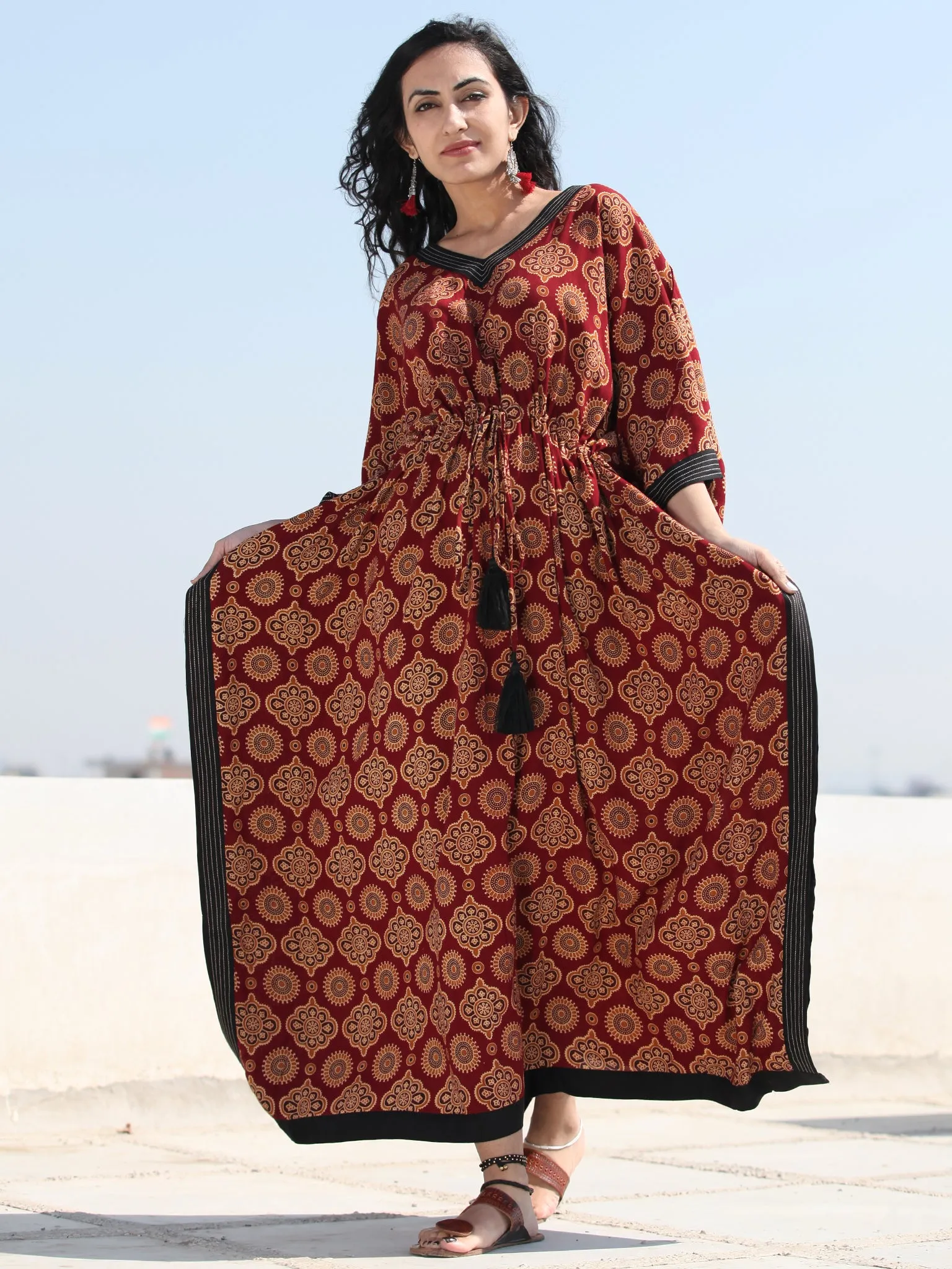 Maroon Black Ajrakh Hand Block Printed Kaftan - K140F1550