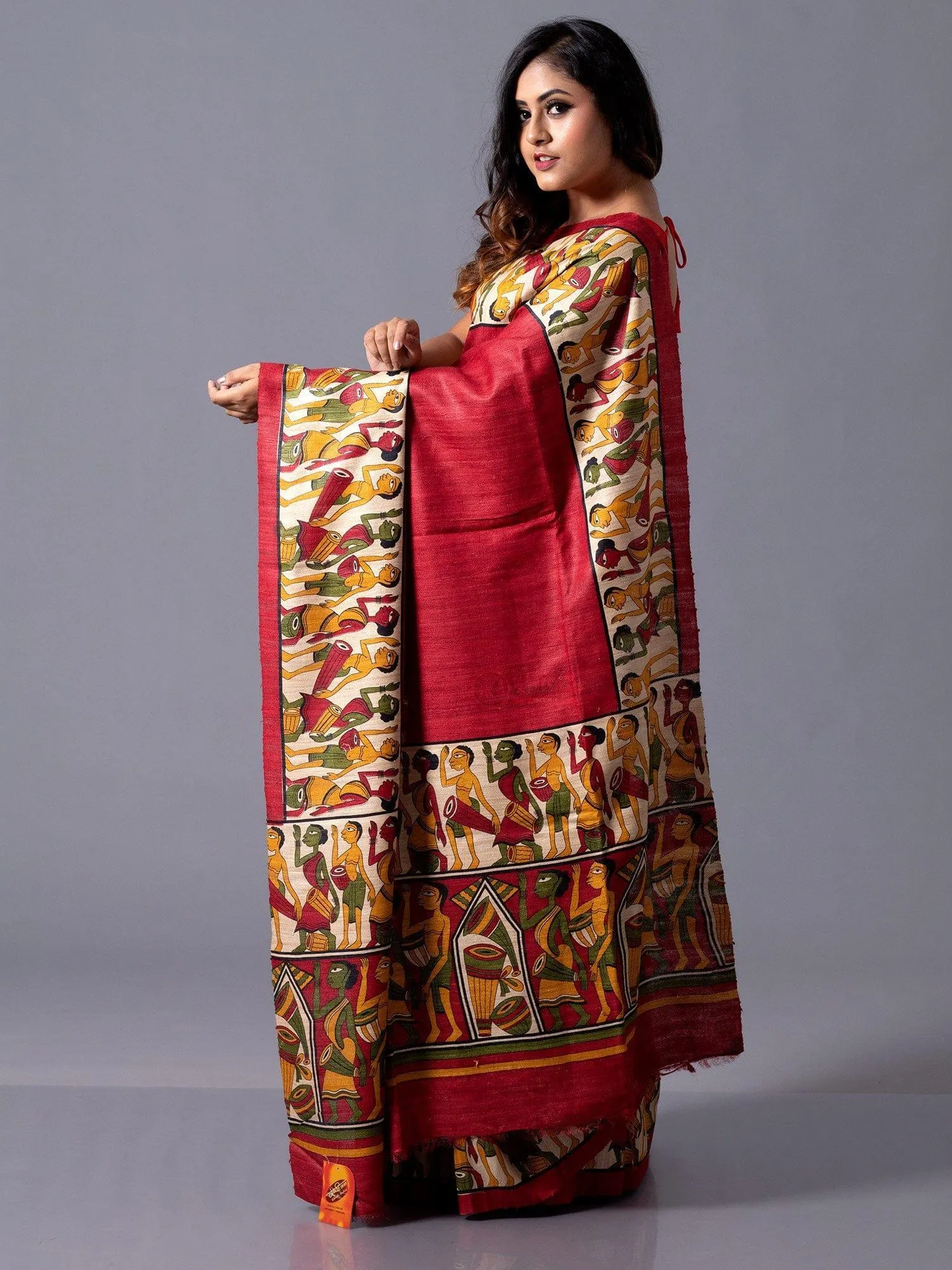 Maroon Block Printed Ghicha Silk Saree