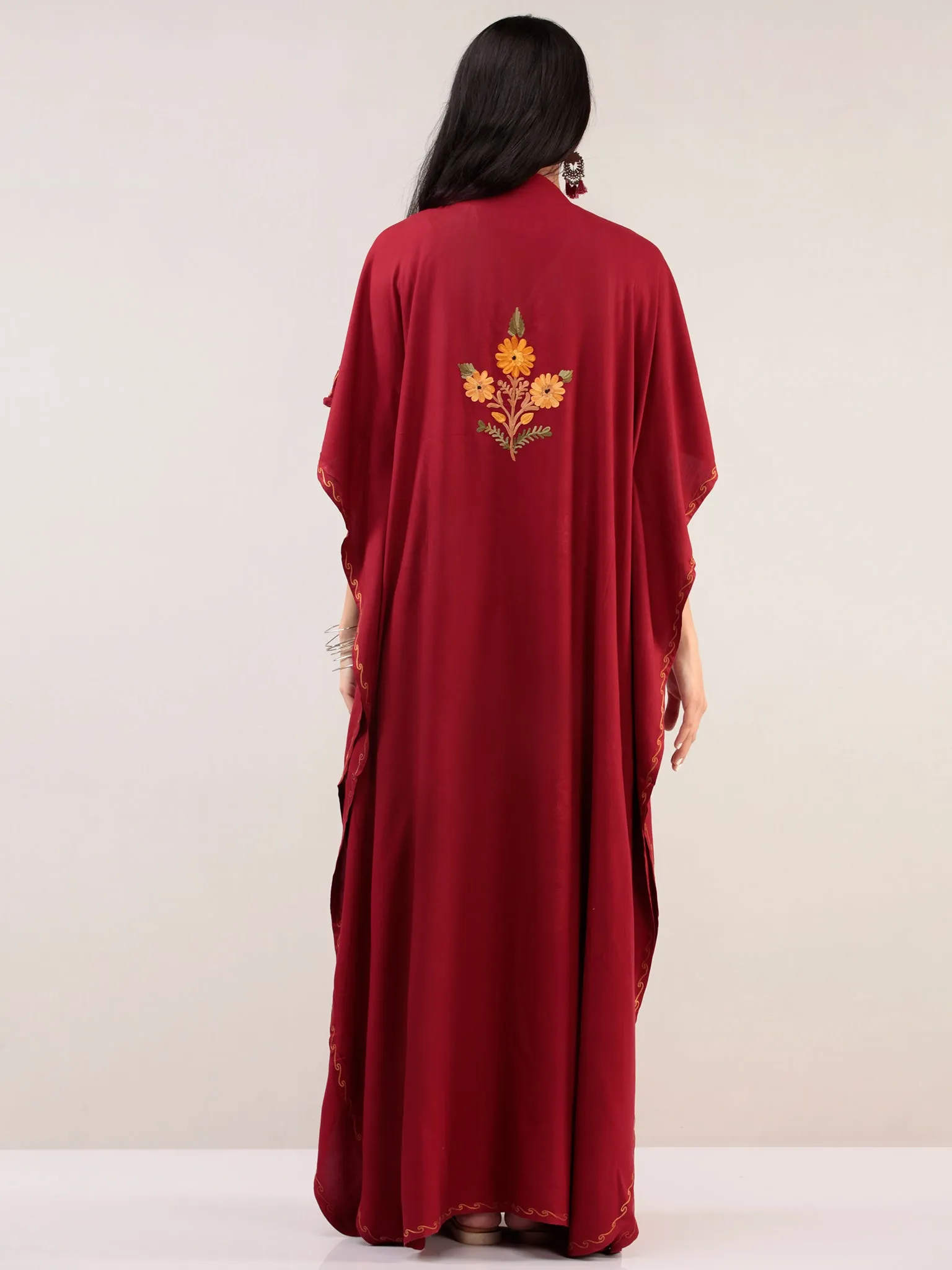 Maroon Yellow Aari Embroidered Kashmere Free Size Kaftan  - K12K020