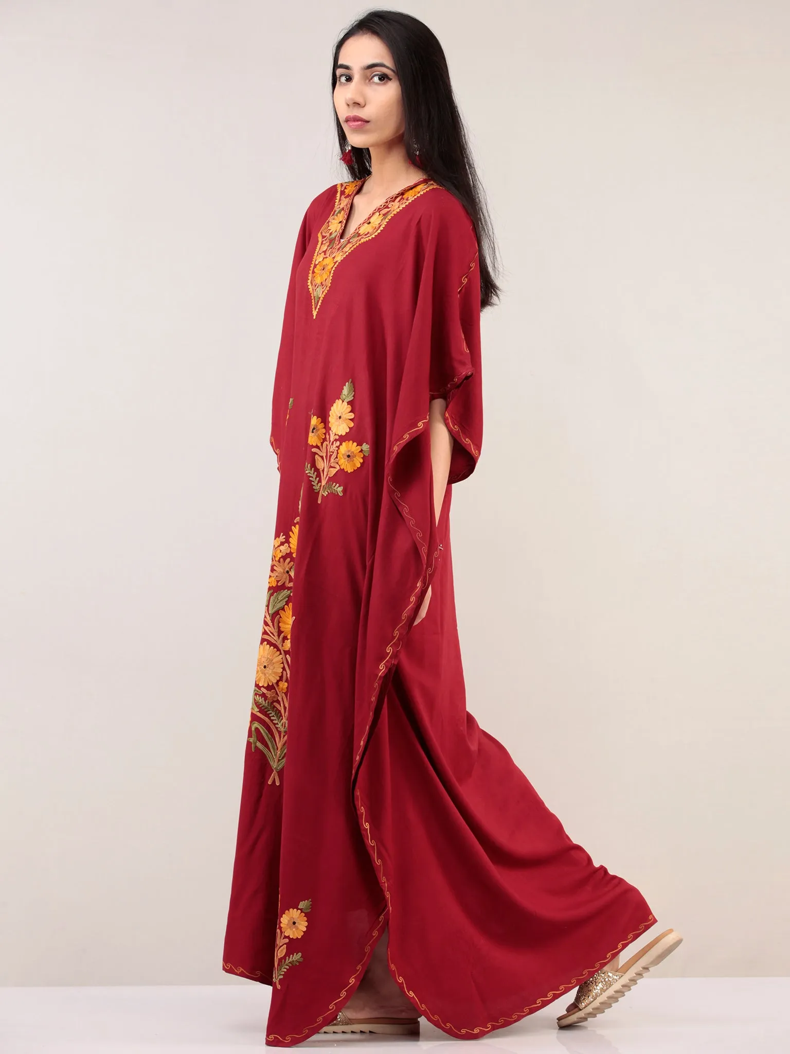 Maroon Yellow Aari Embroidered Kashmere Free Size Kaftan  - K12K020