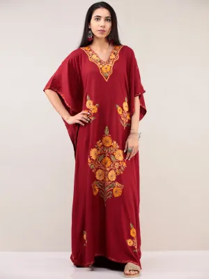 Maroon Yellow Aari Embroidered Kashmere Free Size Kaftan  - K12K020