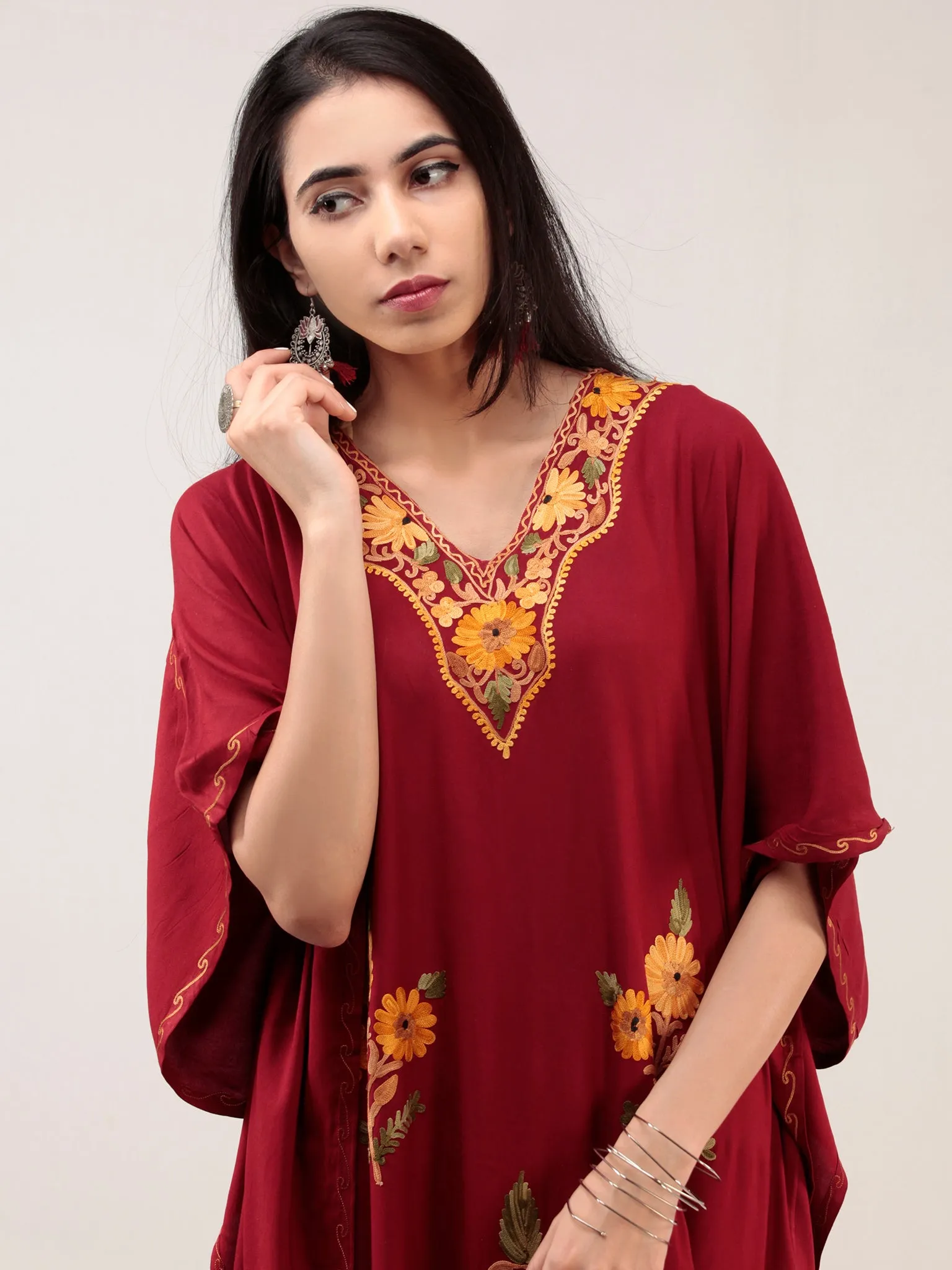 Maroon Yellow Aari Embroidered Kashmere Free Size Kaftan  - K12K020