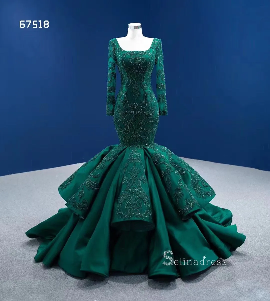 Mermaid Long Sleeve Beaded Dark Green Long Formal Dresses Evening Dresses RSM67518