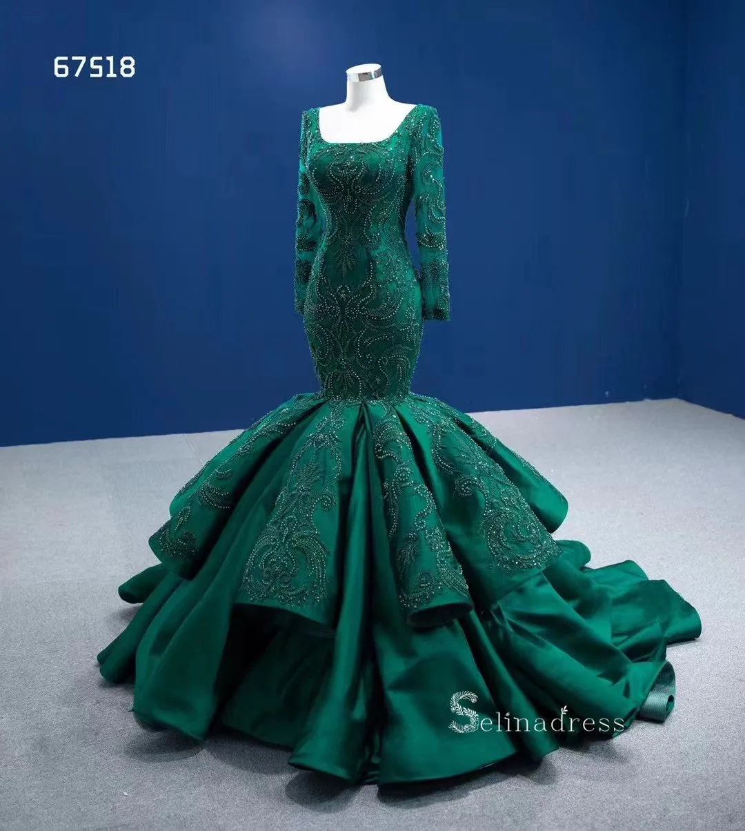 Mermaid Long Sleeve Beaded Dark Green Long Formal Dresses Evening Dresses RSM67518