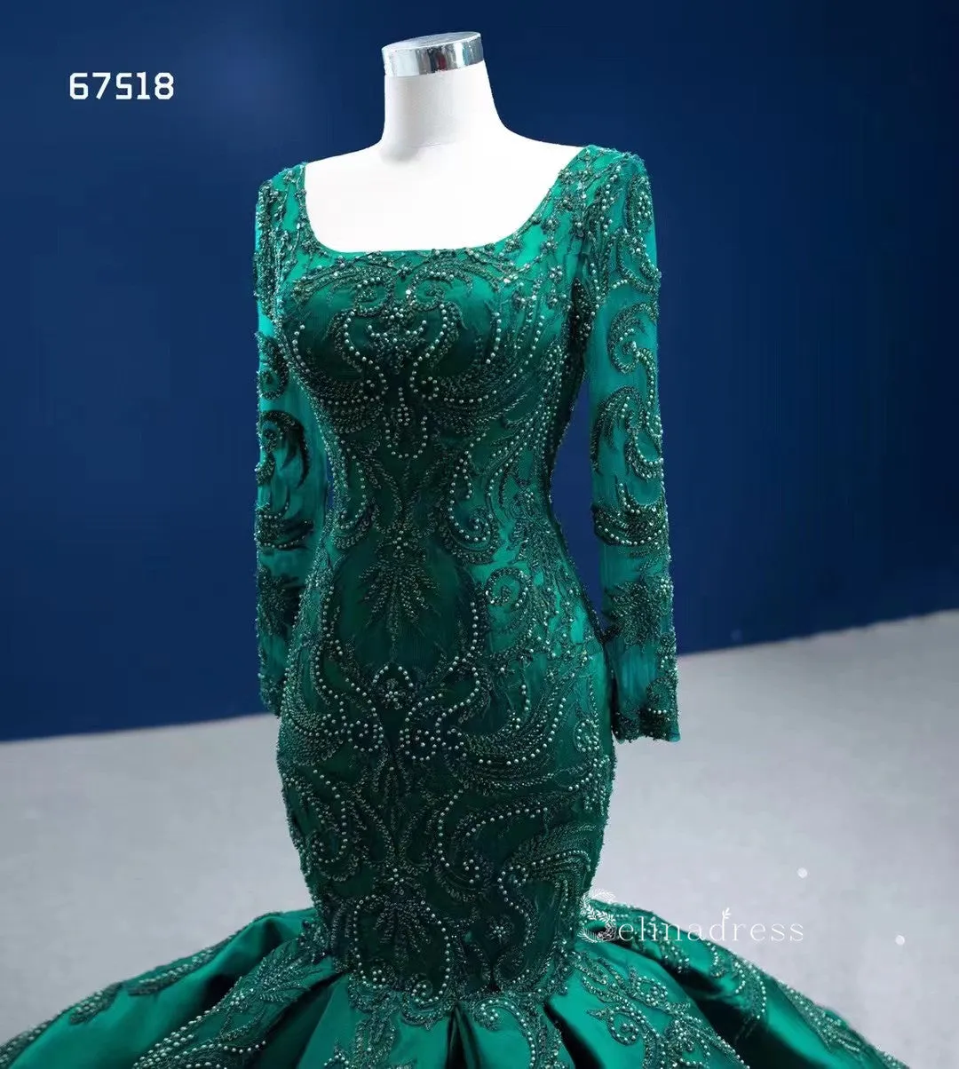 Mermaid Long Sleeve Beaded Dark Green Long Formal Dresses Evening Dresses RSM67518