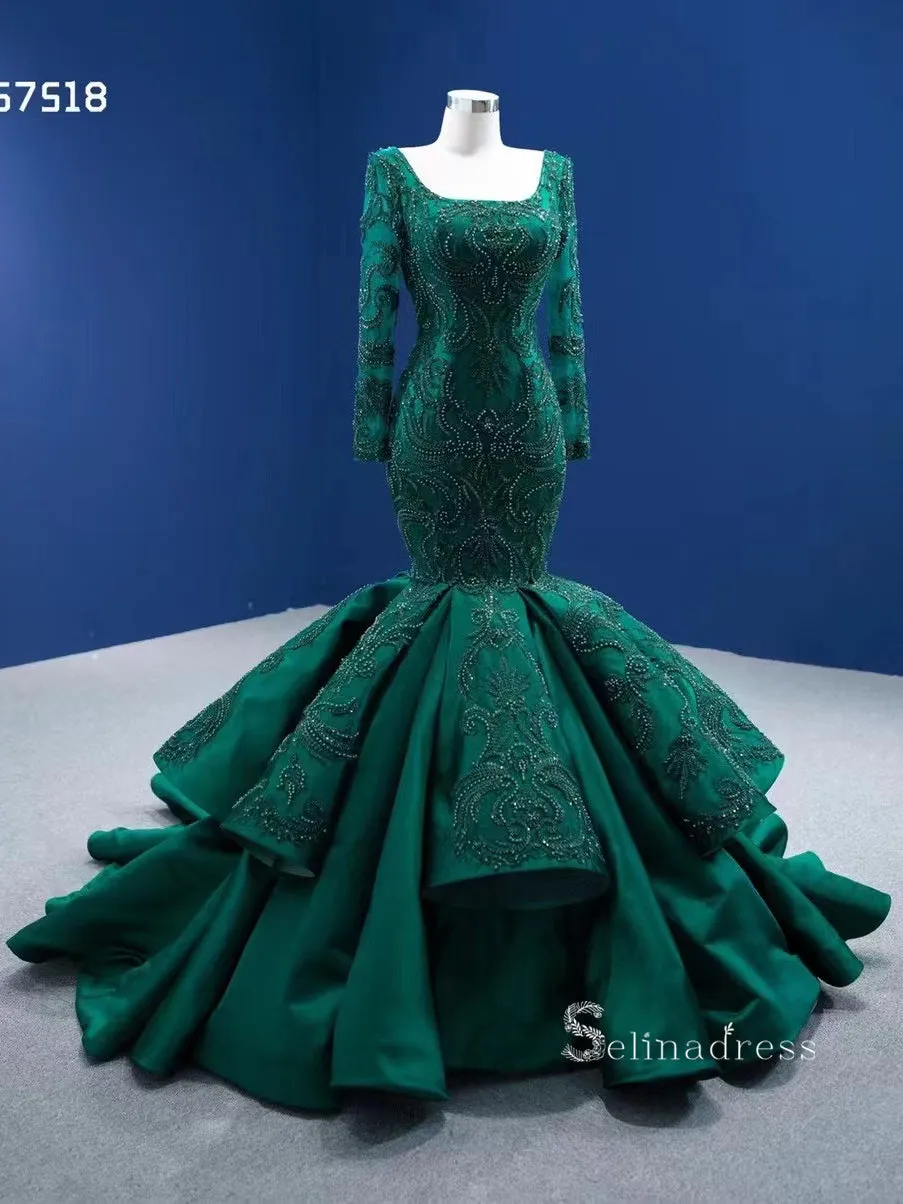 Mermaid Long Sleeve Beaded Dark Green Long Formal Dresses Evening Dresses RSM67518