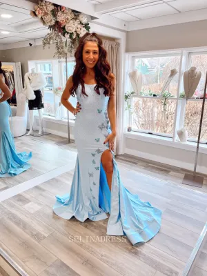 Mermaid Spaghetti Straps Long Prom Dress Light Sky Blue Beaed Formal Dresses Evening Dress KPY043