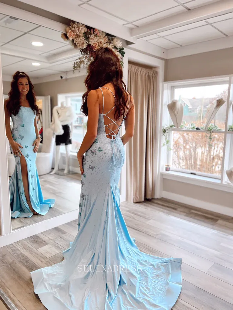 Mermaid Spaghetti Straps Long Prom Dress Light Sky Blue Beaed Formal Dresses Evening Dress KPY043