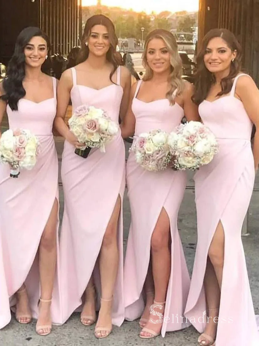 Mermaid Spaghetti Straps Thigh Split Cheap Bridesmaid Dress Pink Bridesmaid Dresses BRD003