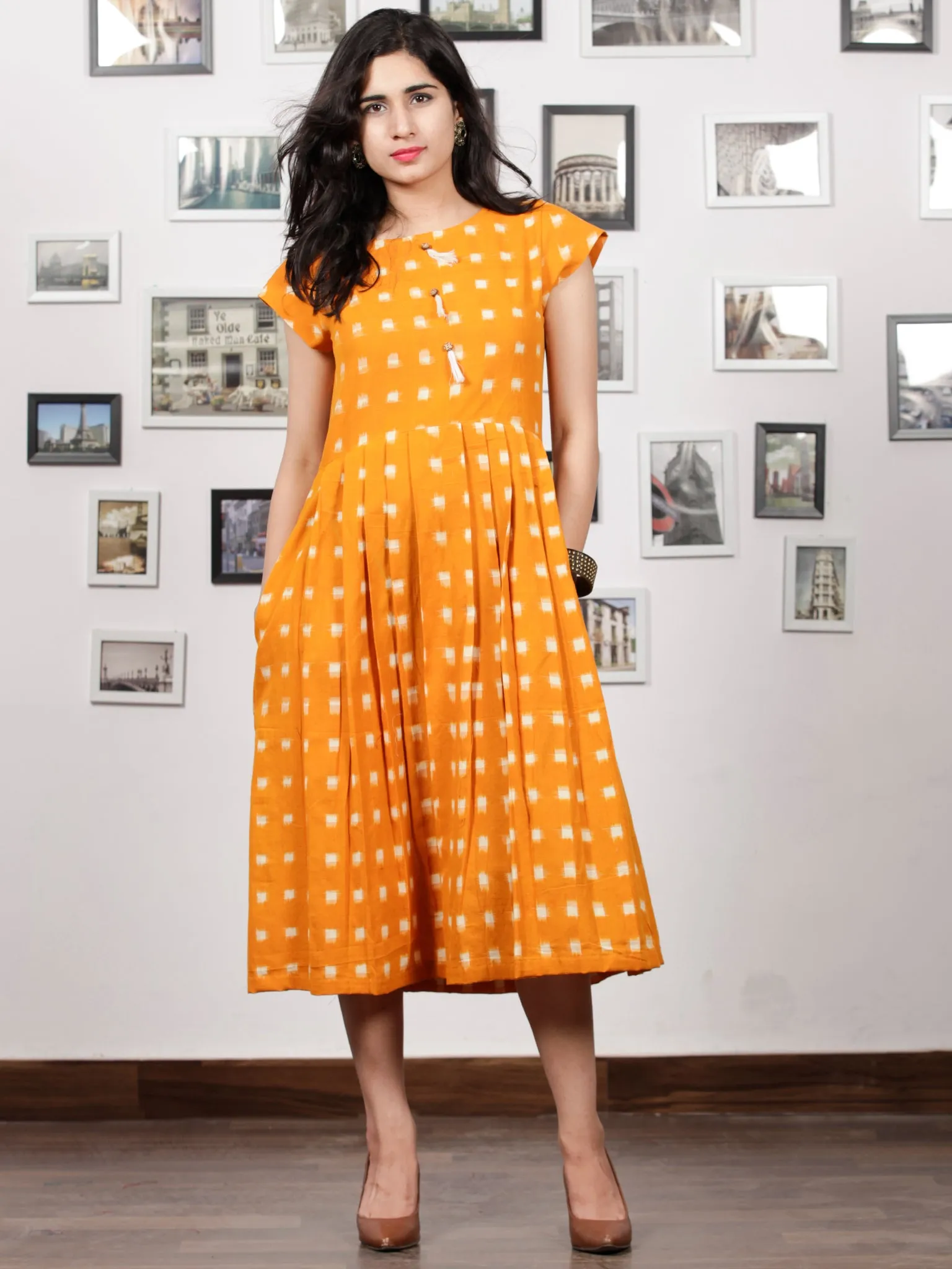 Mustard Ivory Handwoven Double Ikat Pleated Dress With Side Pockets & Tassels - D65F1019