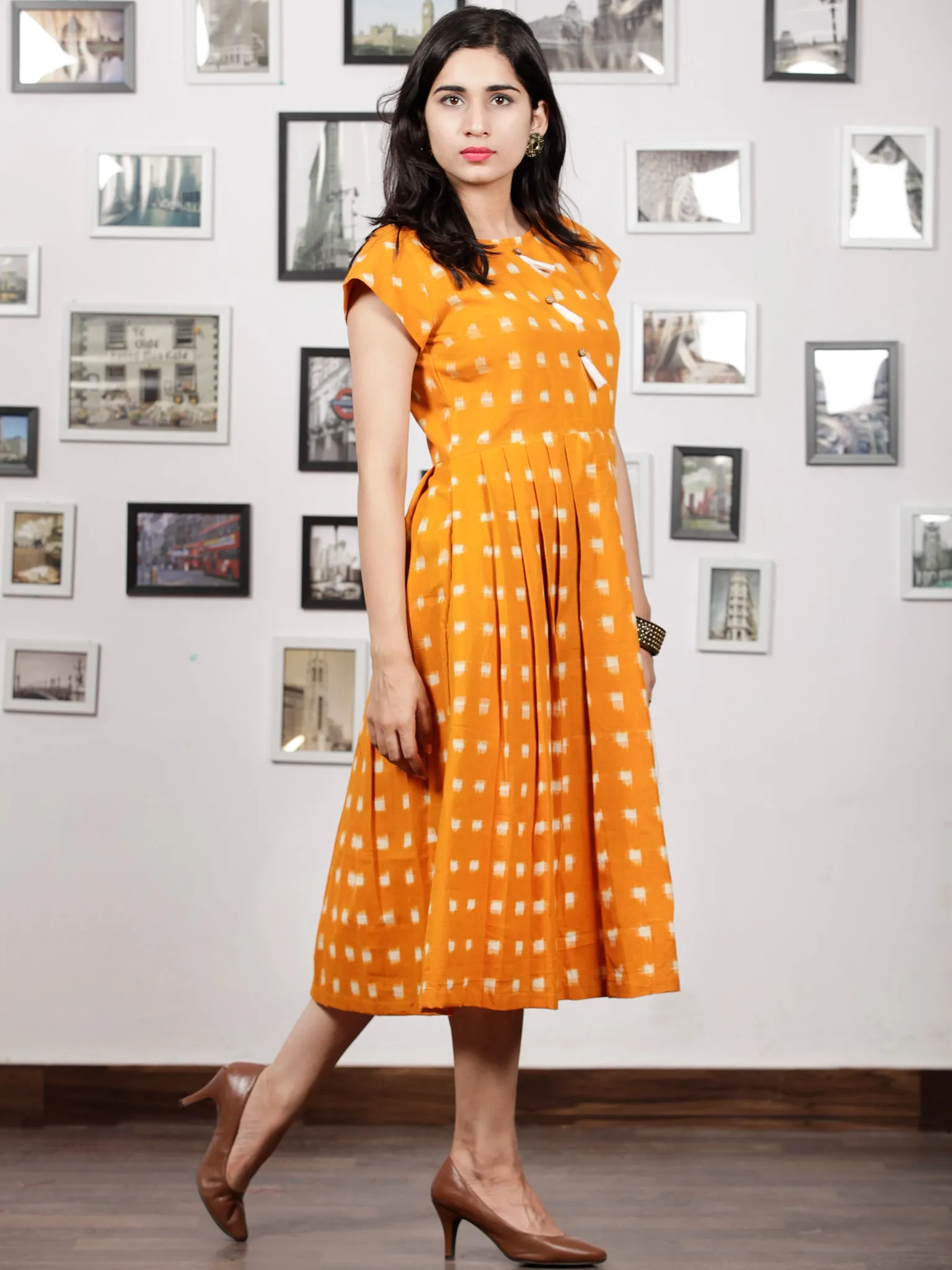 Mustard Ivory Handwoven Double Ikat Pleated Dress With Side Pockets & Tassels - D65F1019