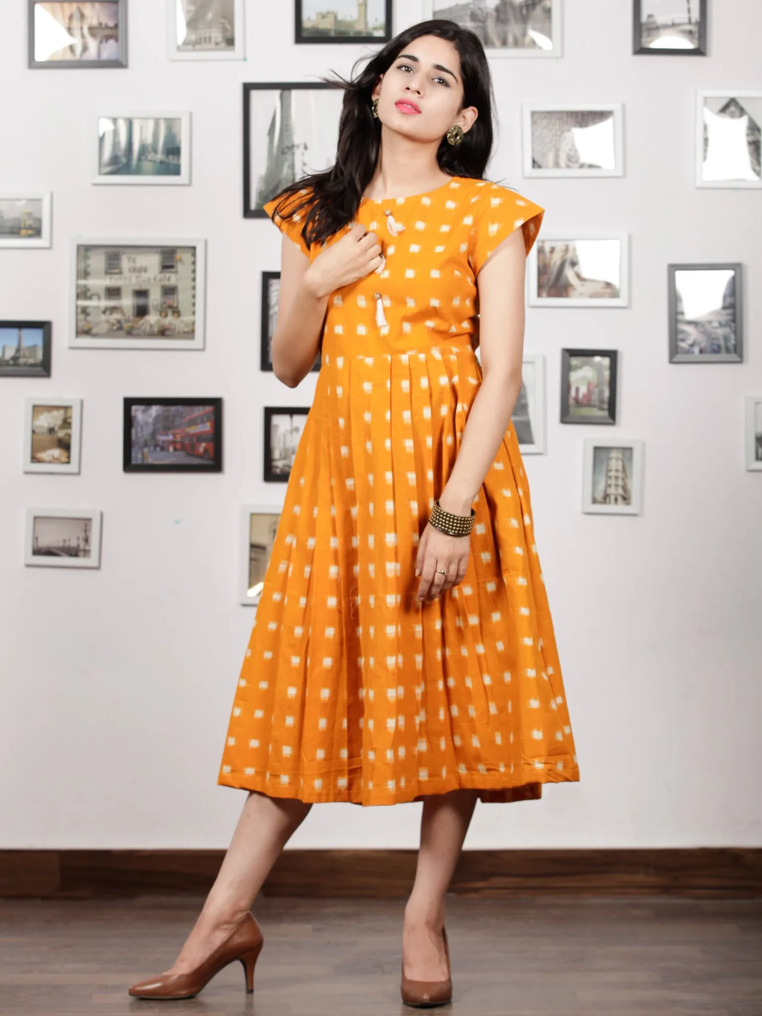 Mustard Ivory Handwoven Double Ikat Pleated Dress With Side Pockets & Tassels - D65F1019