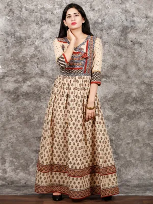 Naaz Beige Red Blue Brown Hand Block Printed Cotton Long Angrakha Dress   - DS56F001