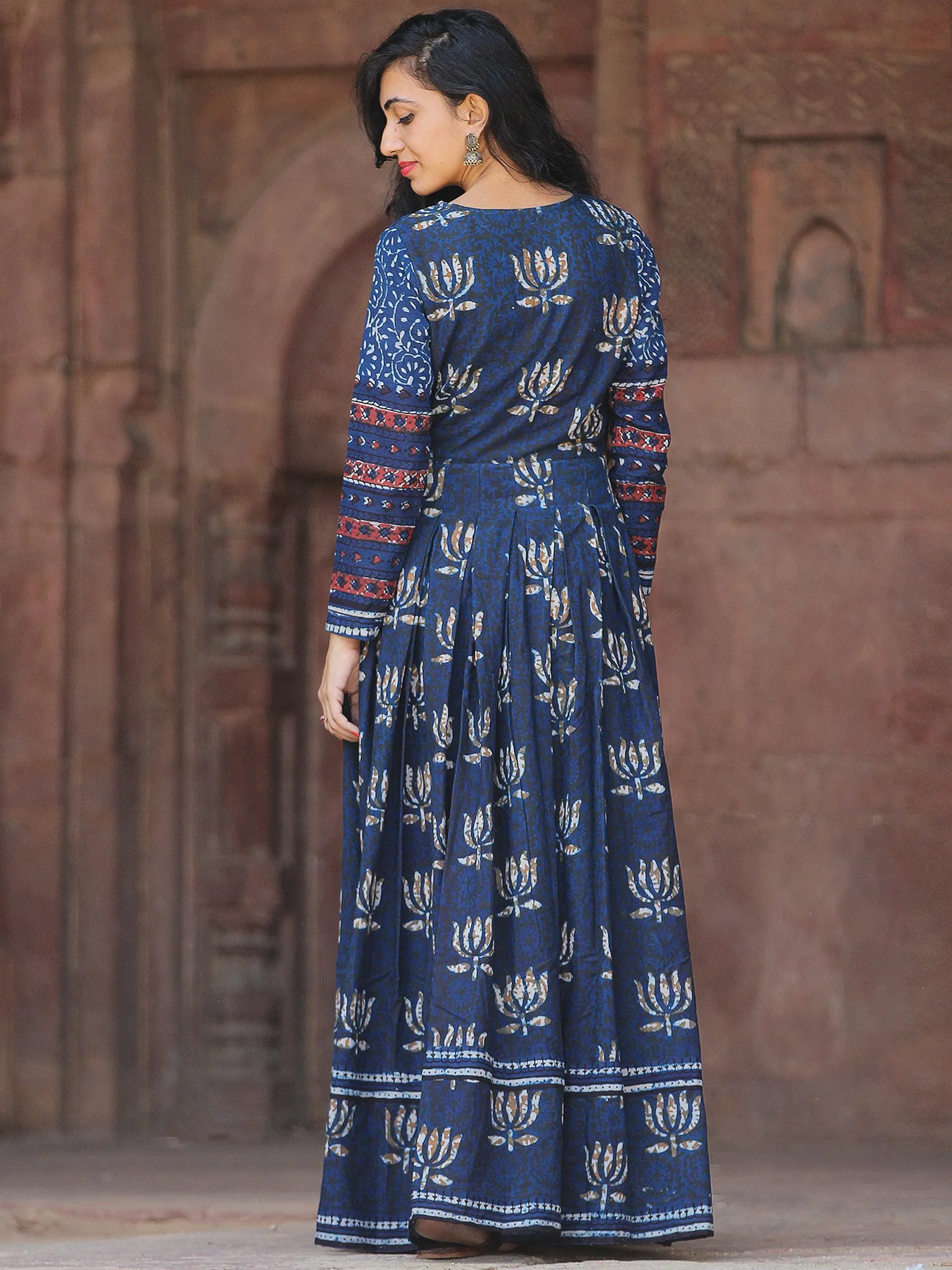 Naaz Lotus Mystique - Hand Block Printed Embroidered Long Cotton Pleated Flare Dress - DS70F001