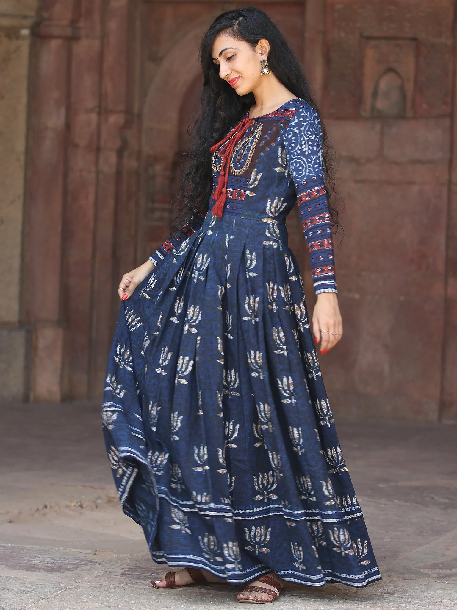 Naaz Lotus Mystique - Hand Block Printed Embroidered Long Cotton Pleated Flare Dress - DS70F001