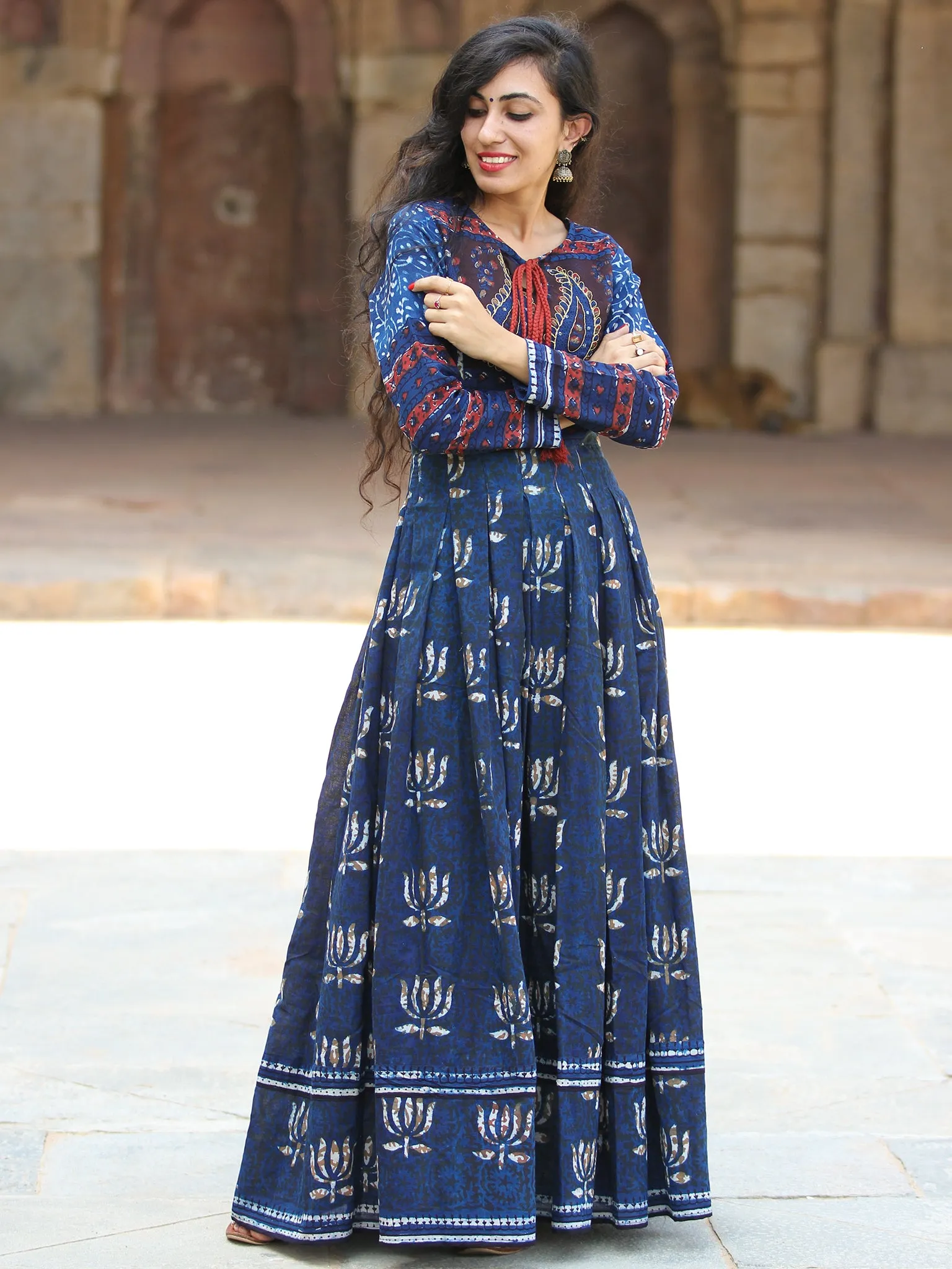 Naaz Lotus Mystique - Hand Block Printed Embroidered Long Cotton Pleated Flare Dress - DS70F001