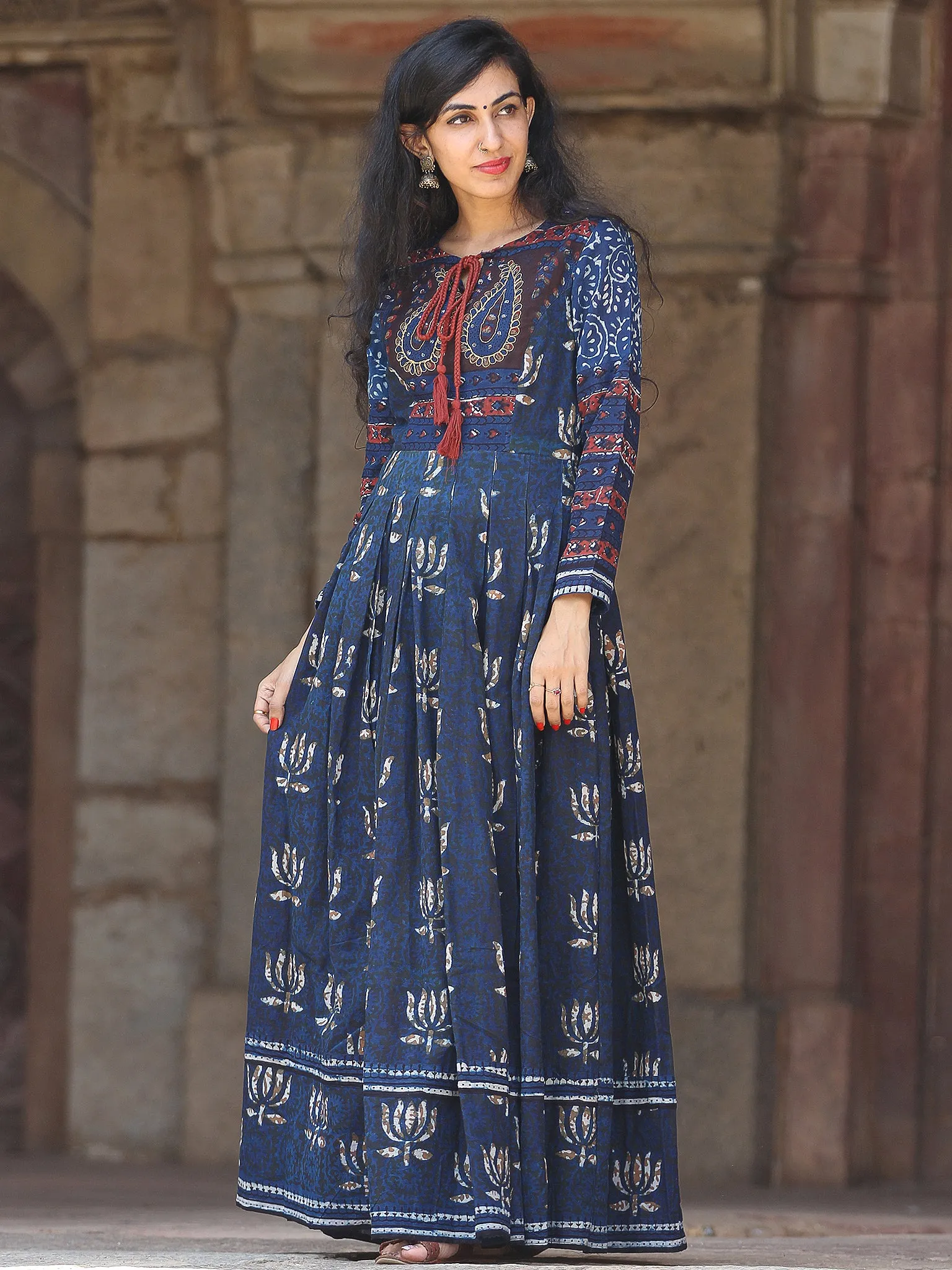 Naaz Lotus Mystique - Hand Block Printed Embroidered Long Cotton Pleated Flare Dress - DS70F001