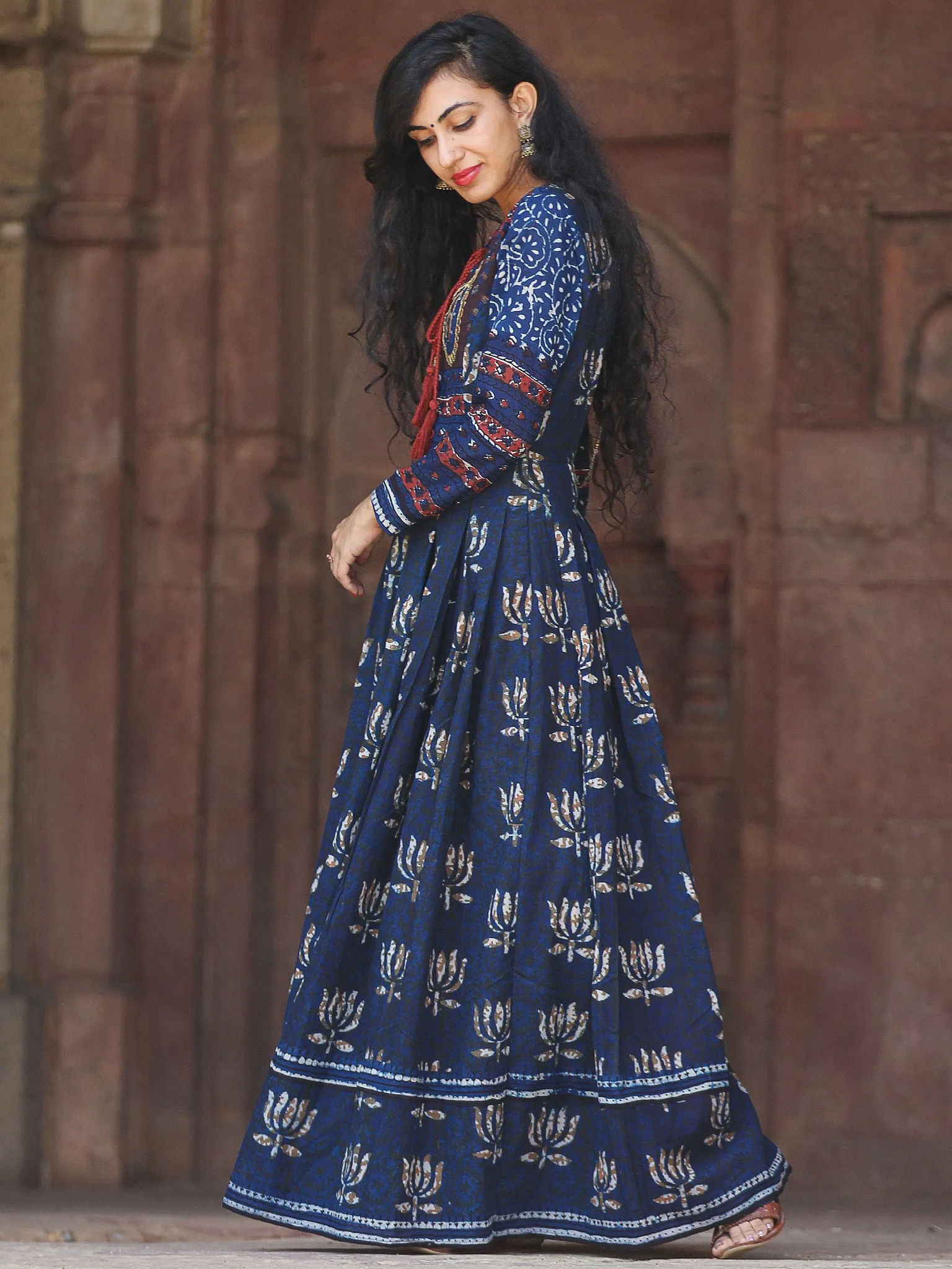 Naaz Lotus Mystique - Hand Block Printed Embroidered Long Cotton Pleated Flare Dress - DS70F001