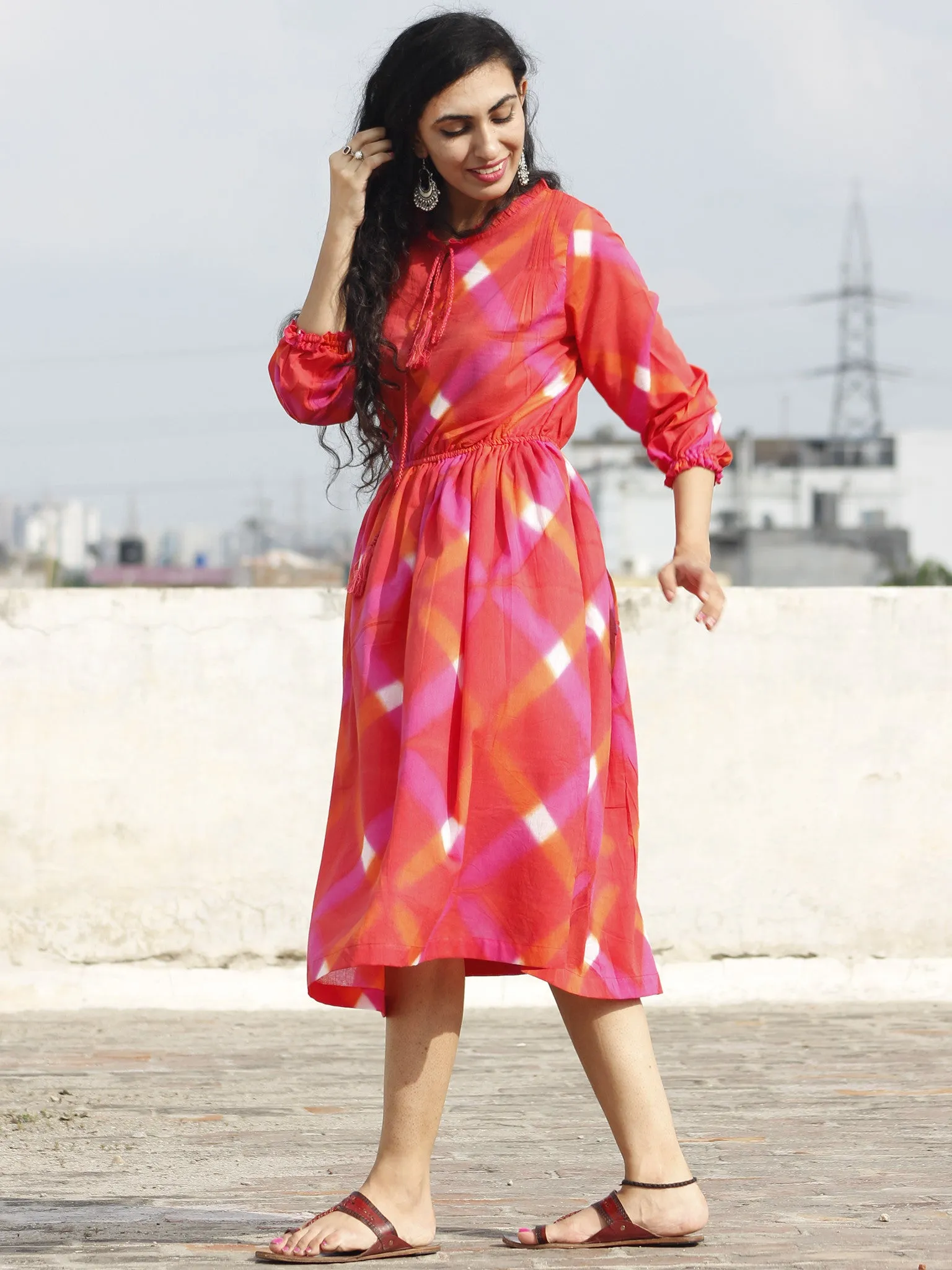 Naaz Red Orange Pink White Tie Dye Dress With Elasticated Waist And Peasant Sleeves - DS21F001