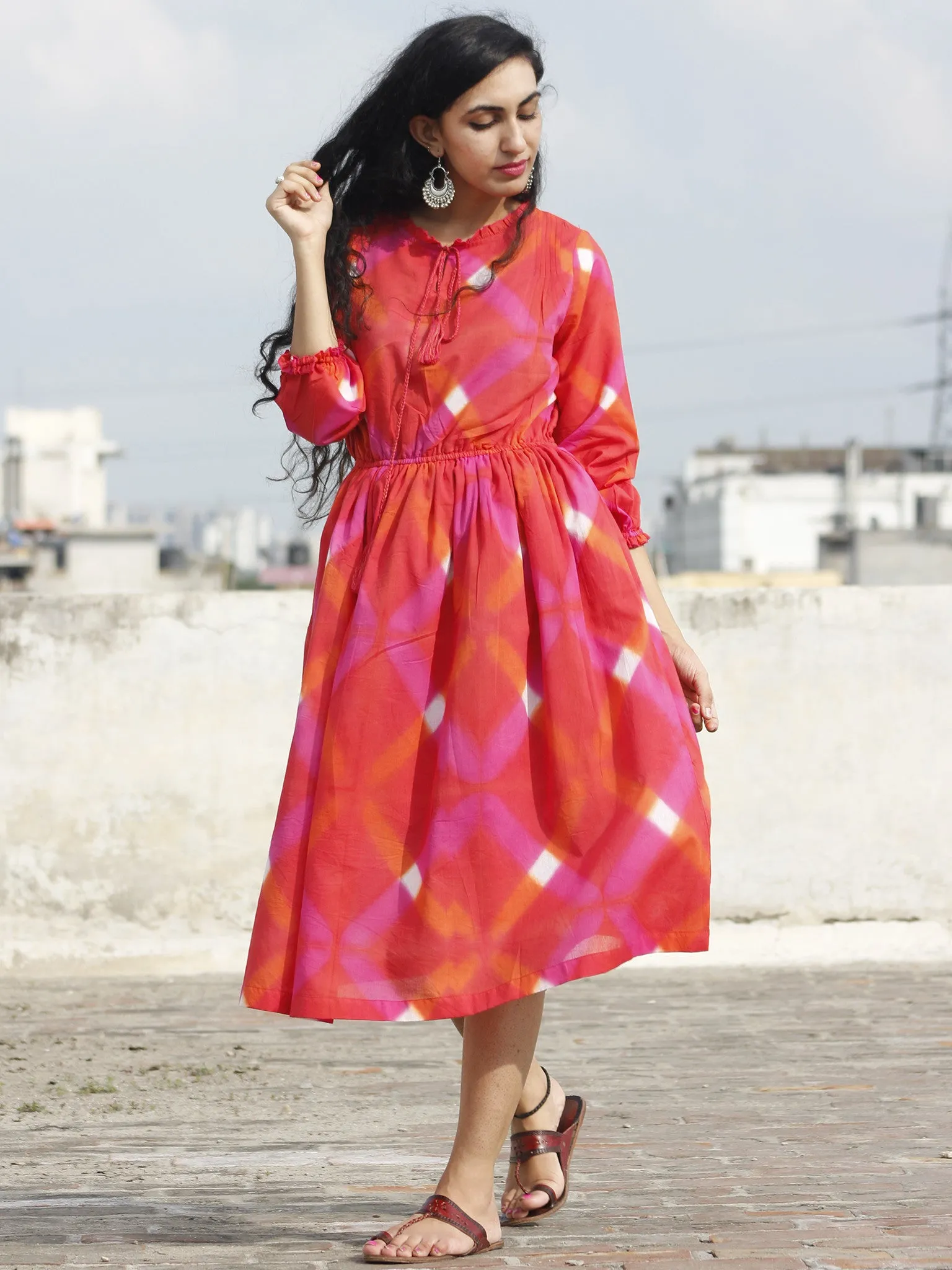 Naaz Red Orange Pink White Tie Dye Dress With Elasticated Waist And Peasant Sleeves - DS21F001