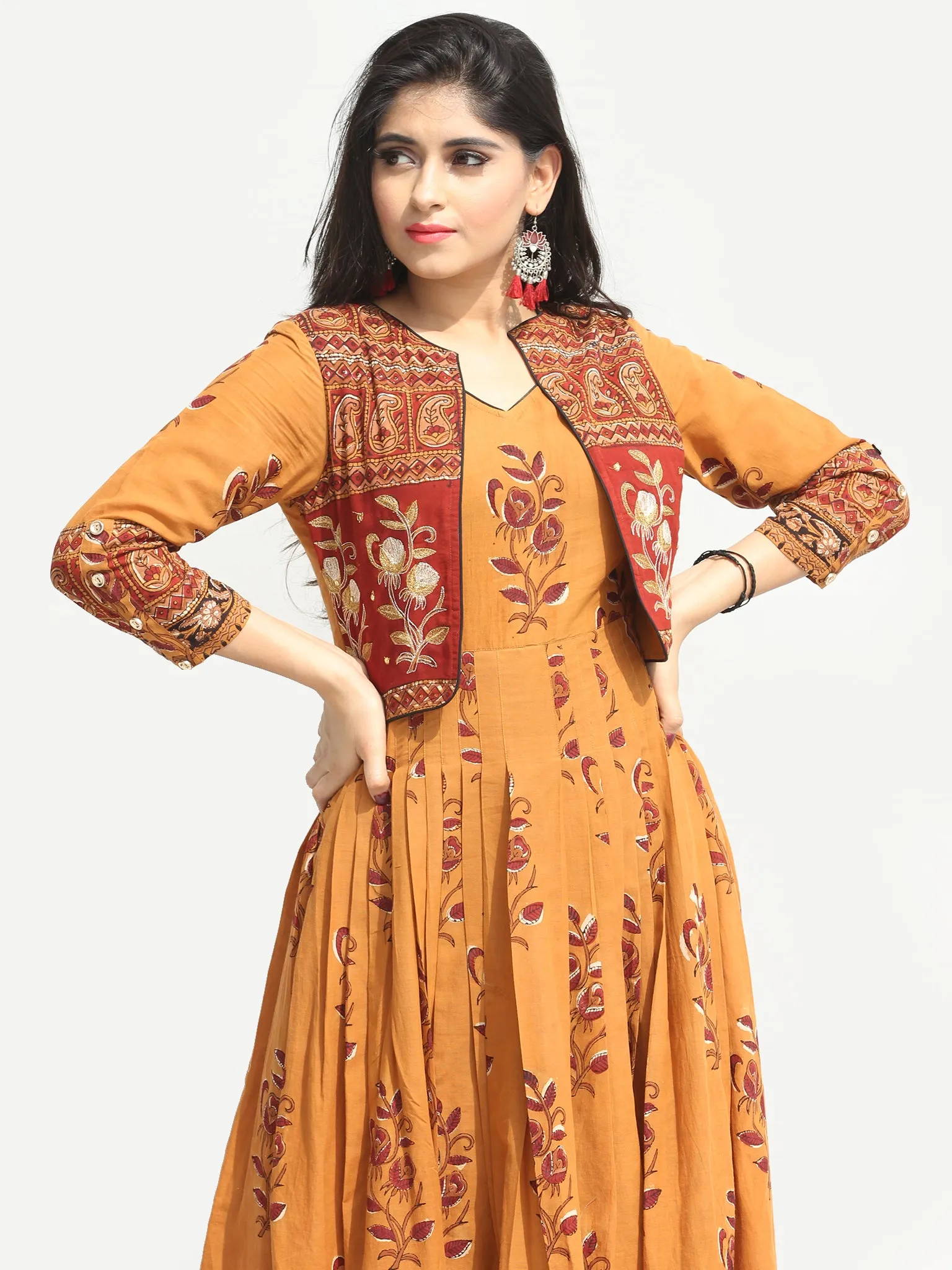 Naaz Roheen - Hand Block Printed Long Cotton Box Pleated Embroidered Jacket Dress - DS98F004