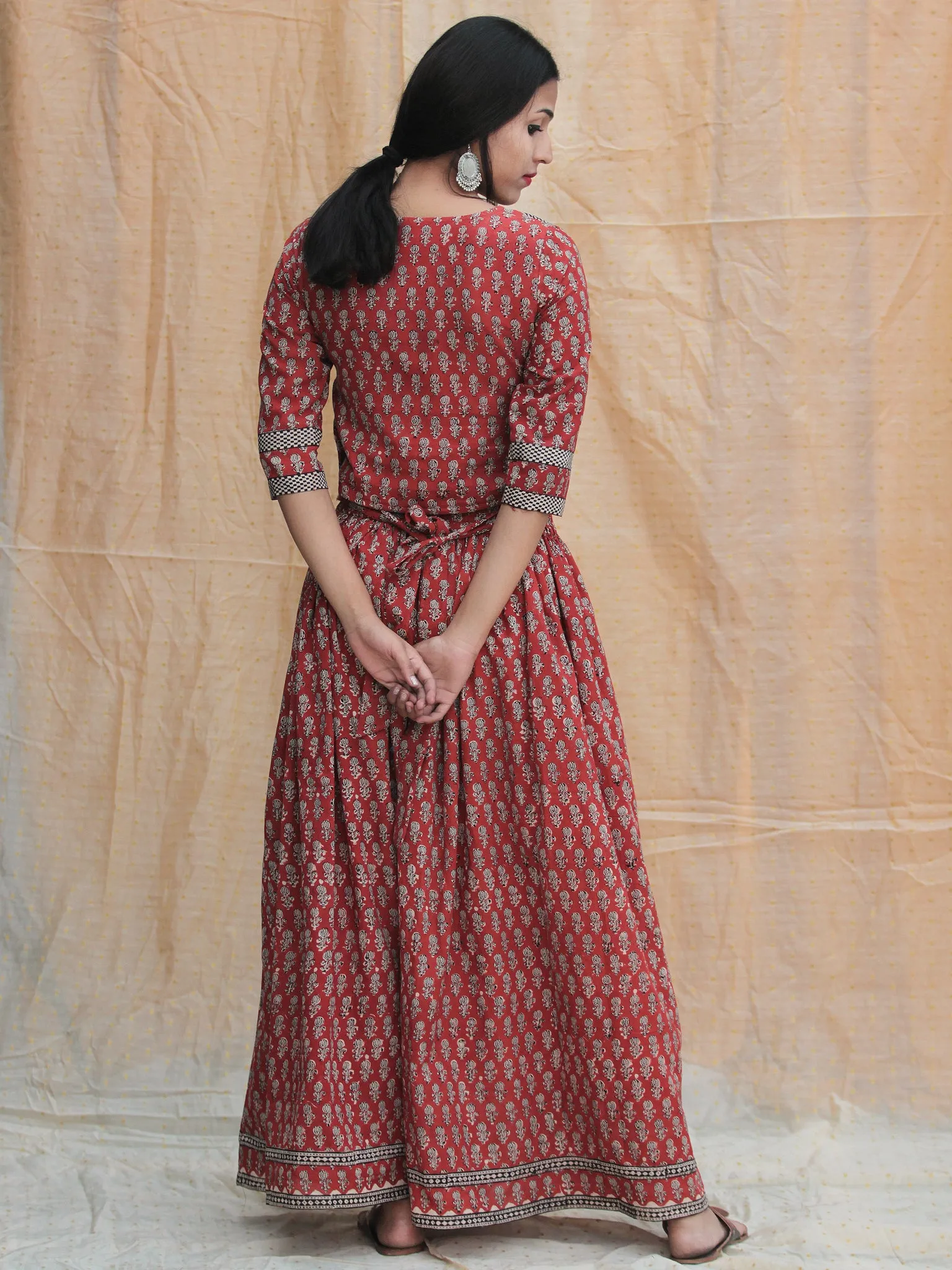 Naaz Rustic Roza - Hand Block Printed Long Top And Skirt Dress - DS77F001