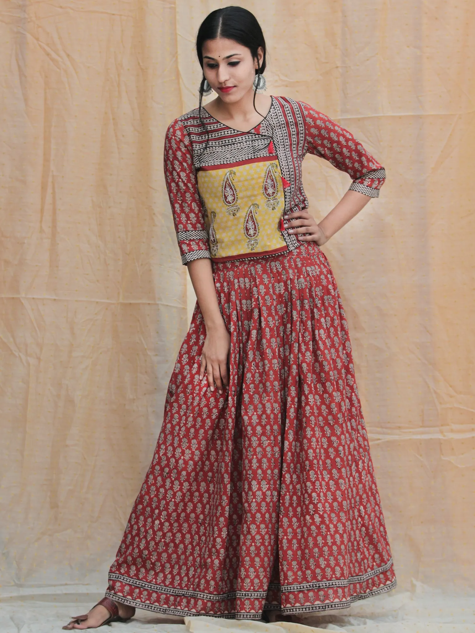 Naaz Rustic Roza - Hand Block Printed Long Top And Skirt Dress - DS77F001