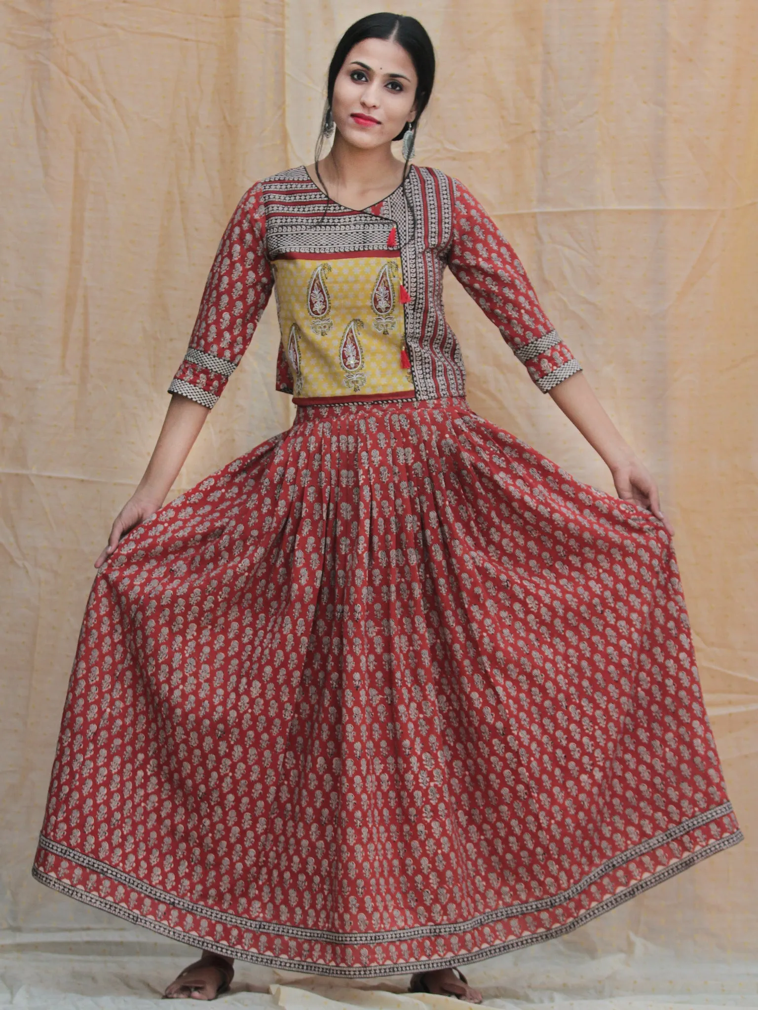 Naaz Rustic Roza - Hand Block Printed Long Top And Skirt Dress - DS77F001