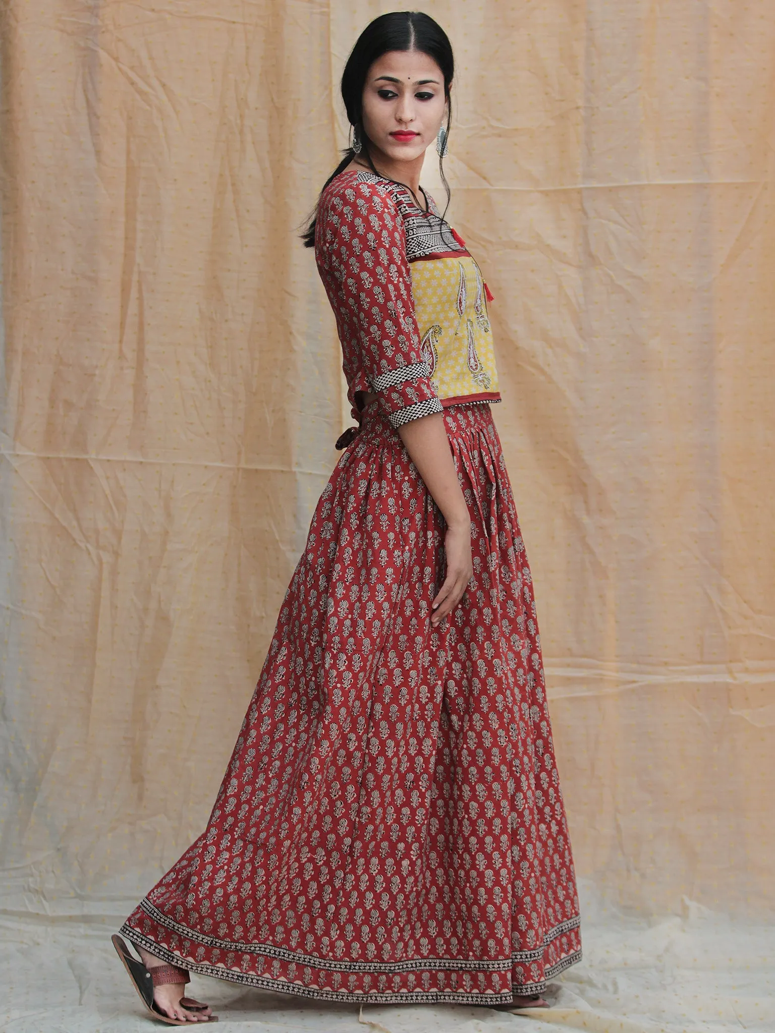 Naaz Rustic Roza - Hand Block Printed Long Top And Skirt Dress - DS77F001