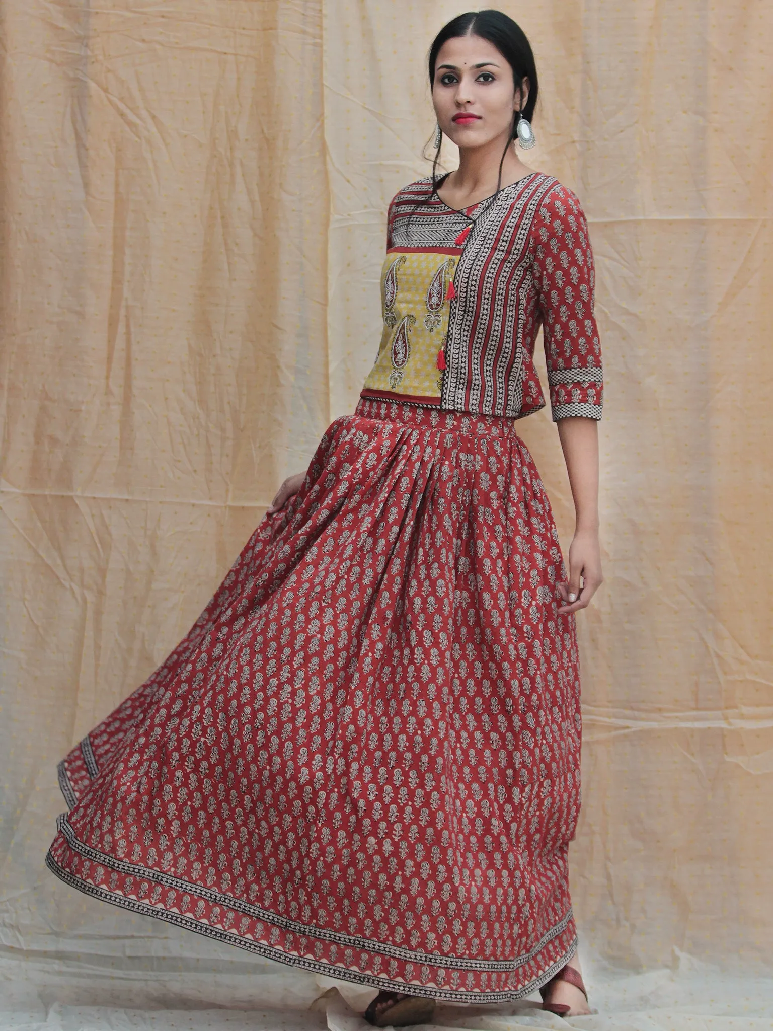 Naaz Rustic Roza - Hand Block Printed Long Top And Skirt Dress - DS77F001