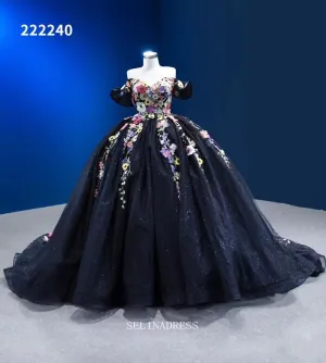 Off Shoulder Colorful Flowers Ball Gown Prom Dress Black Pageant Dress RSM222240