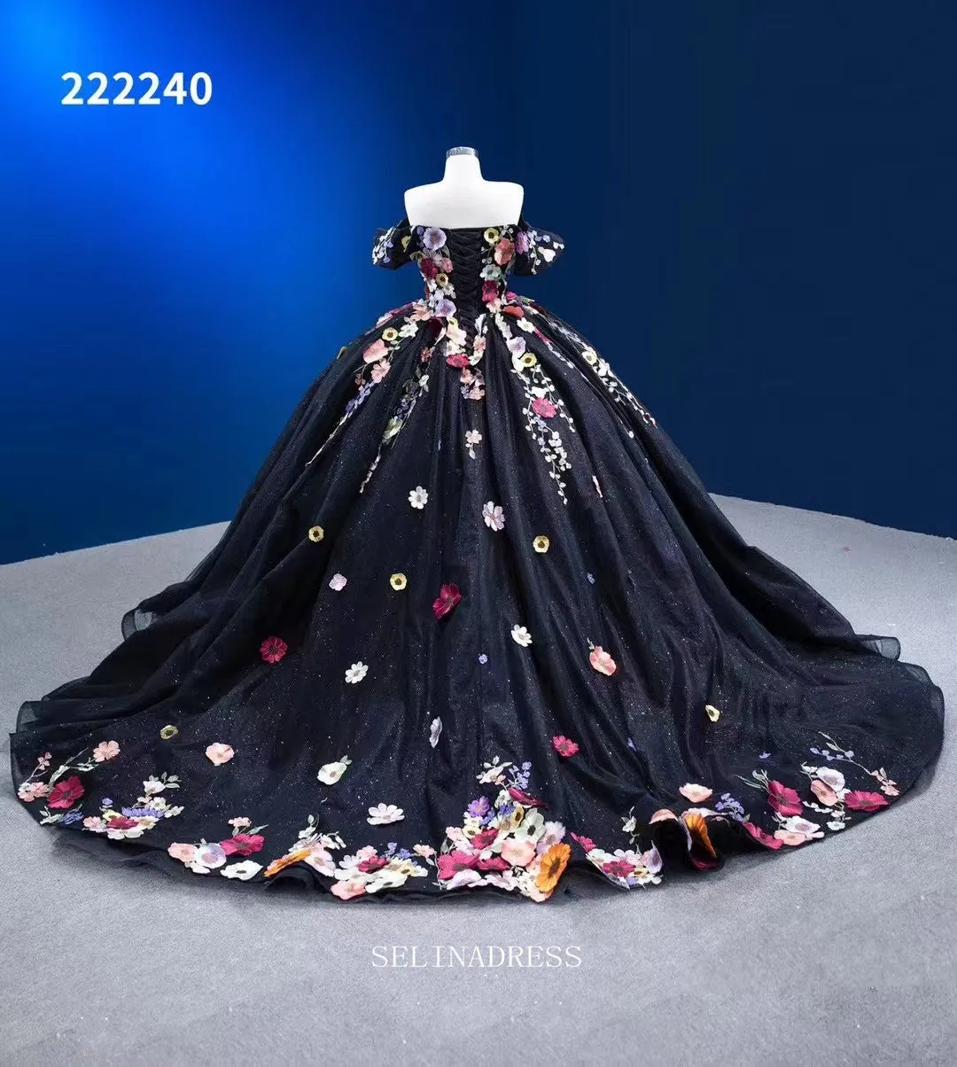 Off Shoulder Colorful Flowers Ball Gown Prom Dress Black Pageant Dress RSM222240