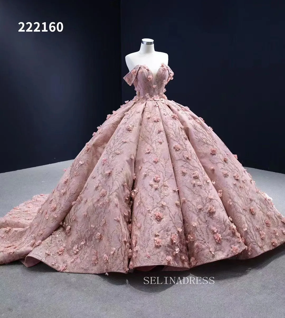 Off the Shoulder 3D Flower Pink Quince Dresses Ball Gown Wedding Dress Quinceanera Dresses 222160