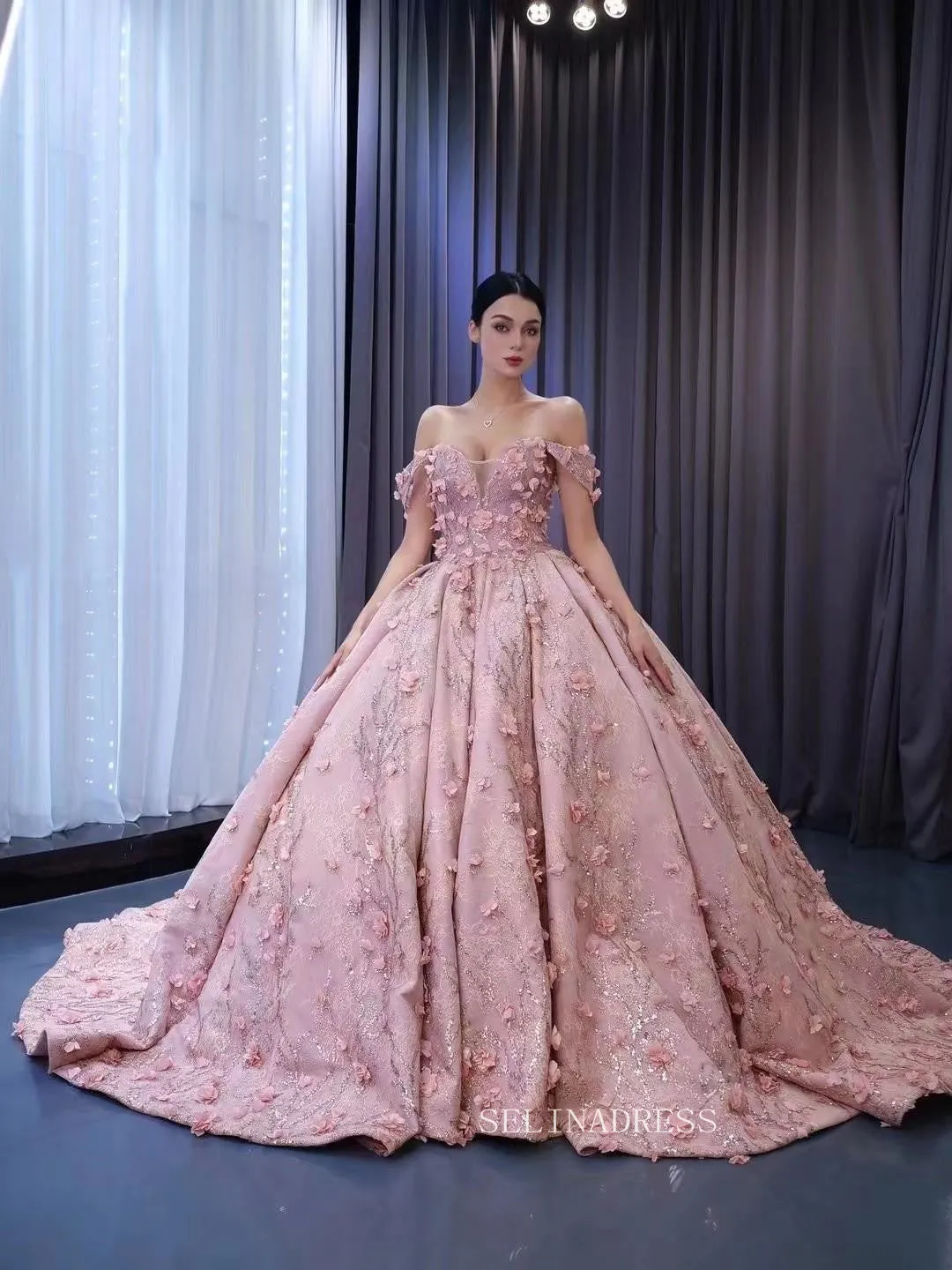 Off the Shoulder 3D Flower Pink Quince Dresses Ball Gown Wedding Dress Quinceanera Dresses 222160