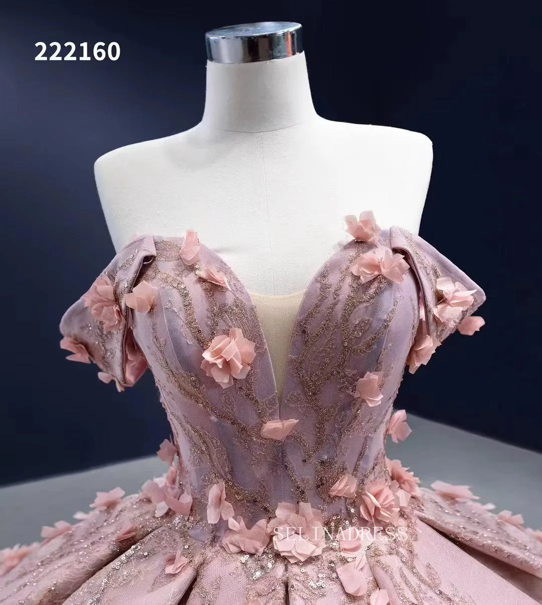 Off the Shoulder 3D Flower Pink Quince Dresses Ball Gown Wedding Dress Quinceanera Dresses 222160