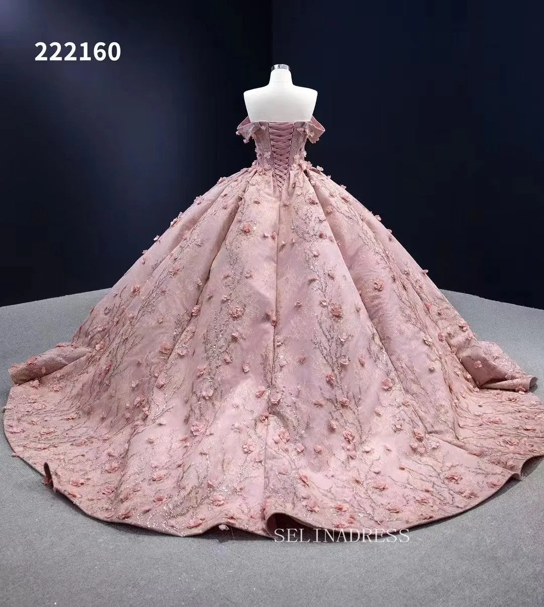 Off the Shoulder 3D Flower Pink Quince Dresses Ball Gown Wedding Dress Quinceanera Dresses 222160