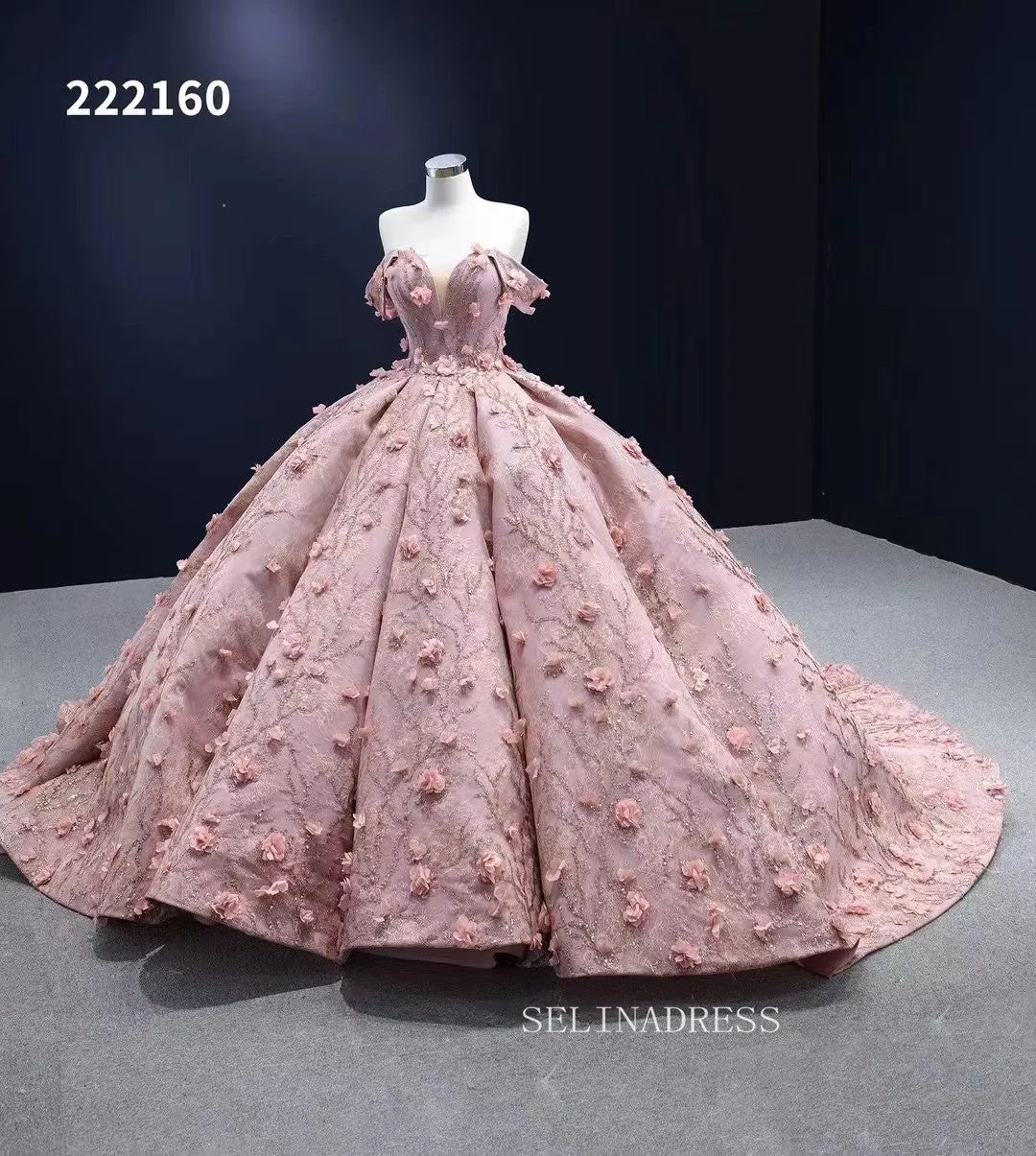 Off the Shoulder 3D Flower Pink Quince Dresses Ball Gown Wedding Dress Quinceanera Dresses 222160