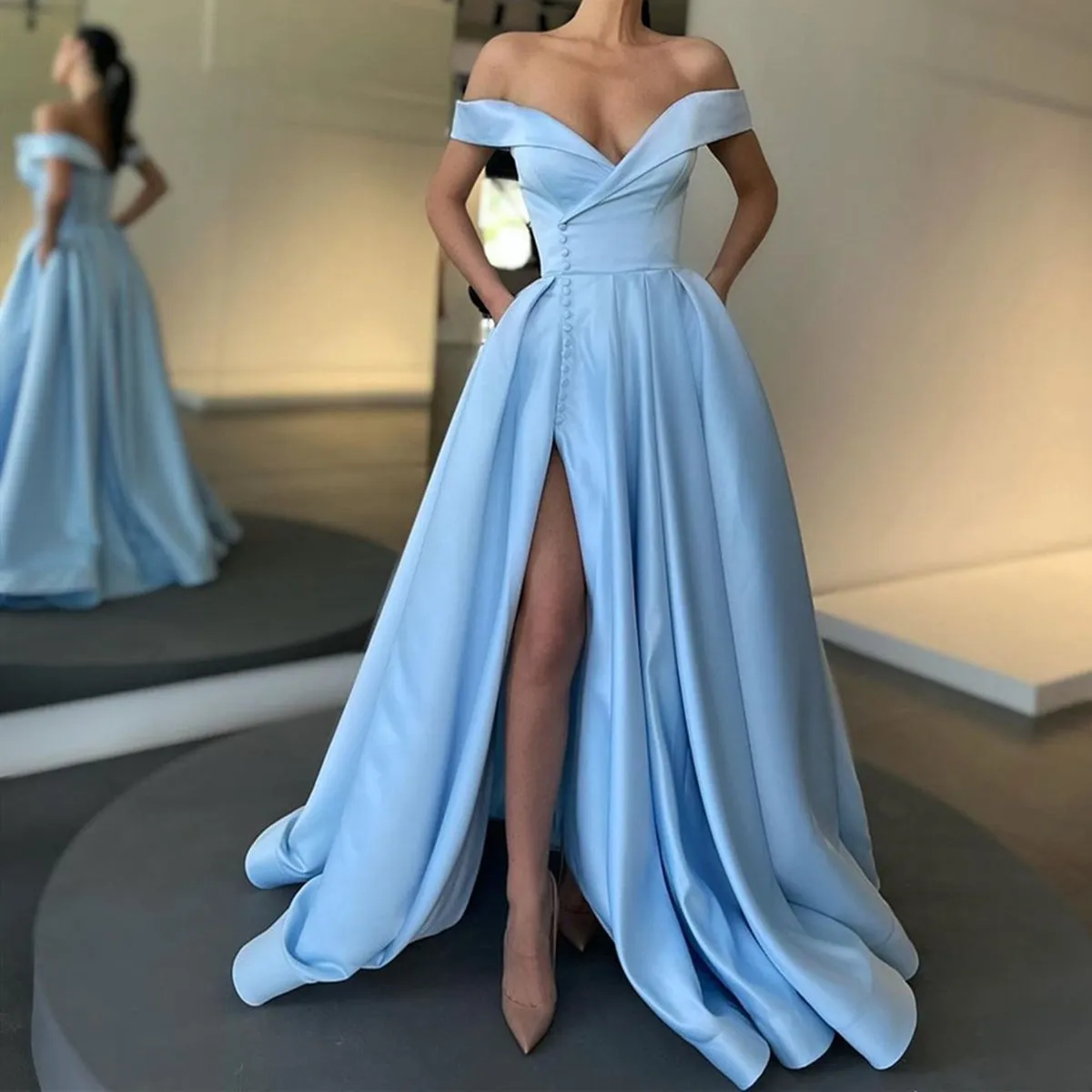 Off the Shoulder Light Blue Satin Long Prom with Slit, Off Shoulder Light Blue Formal Evening