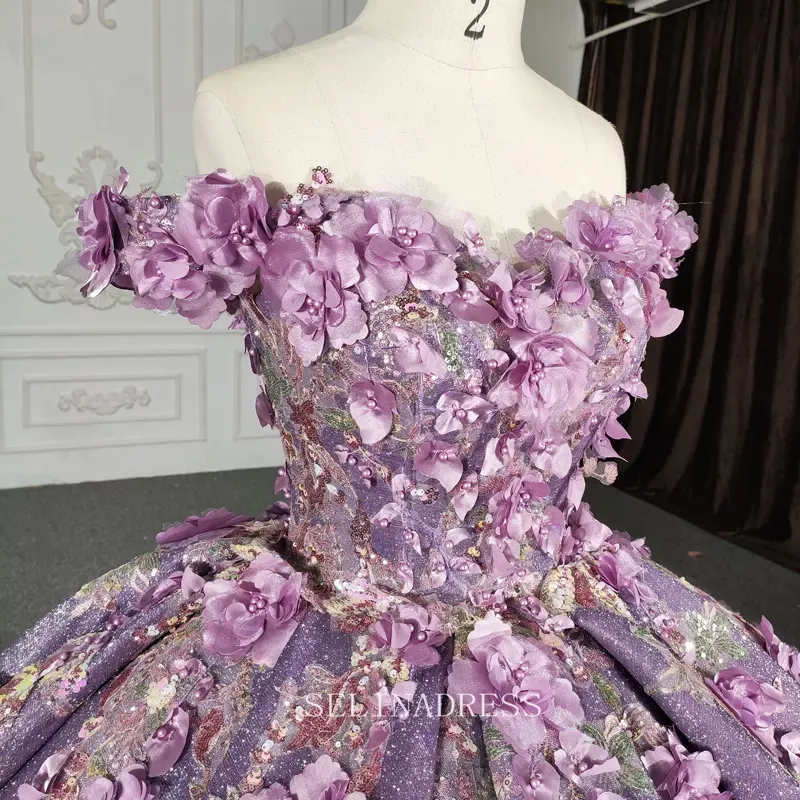 Off The Shoulder Lilac Princess Ball Gown Floral Prom Dress Pageant Dress DY1115