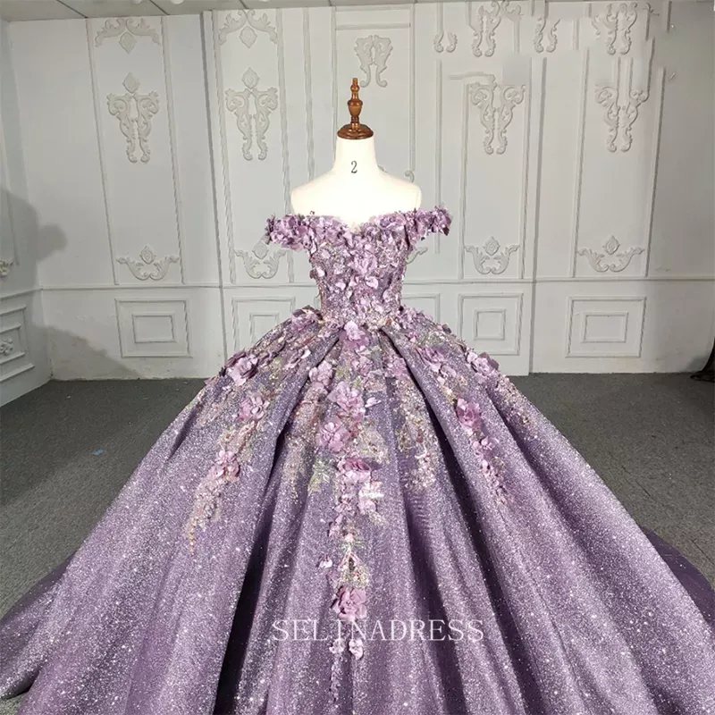 Off The Shoulder Lilac Princess Ball Gown Floral Prom Dress Pageant Dress DY1115