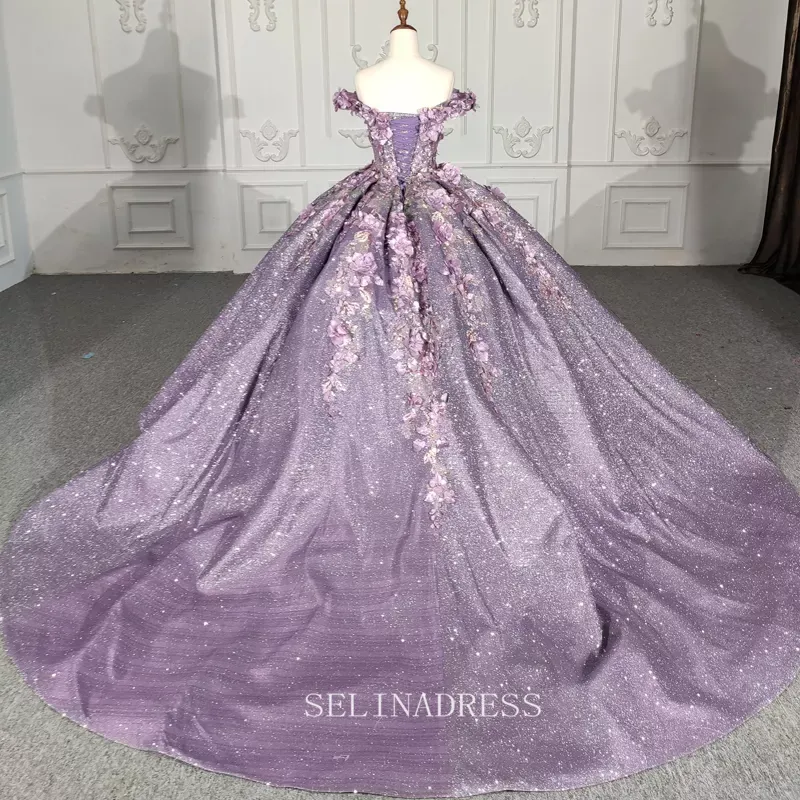 Off The Shoulder Lilac Princess Ball Gown Floral Prom Dress Pageant Dress DY1115