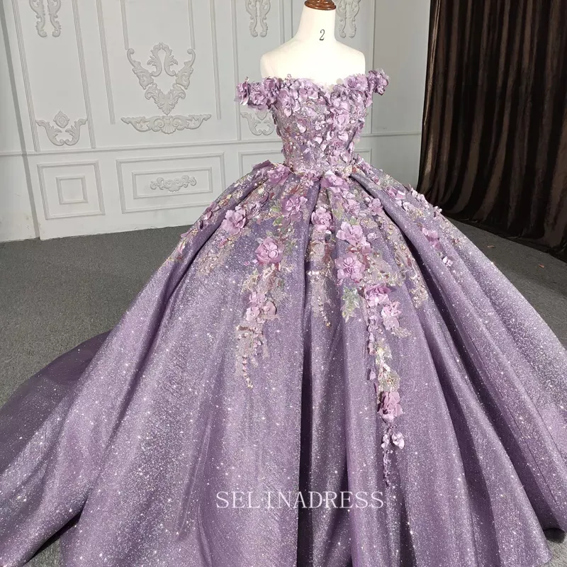 Off The Shoulder Lilac Princess Ball Gown Floral Prom Dress Pageant Dress DY1115