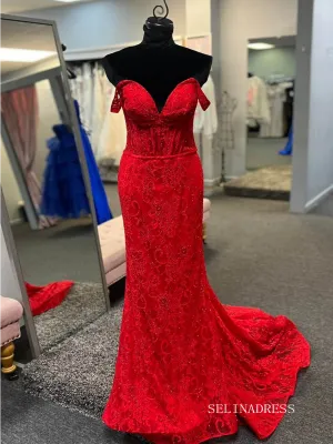 Off-the-shoulder Red Beaded Cheap Lace Prom Dresses lpk575