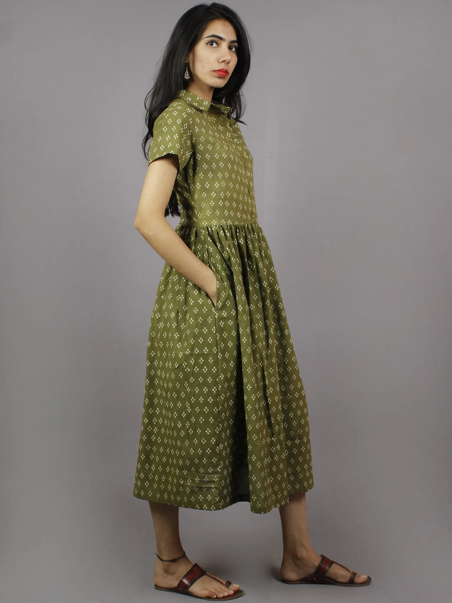 Olive Green Ivory Hand Block Cotton Dress With Gathers And Side Pockets - D4144501